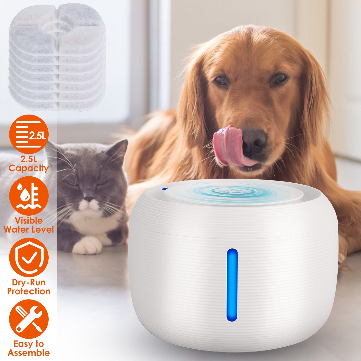 84oz/2.5L Automatic Cat Dog Water Fountain with 7 Replacement Filters Quiet PumP