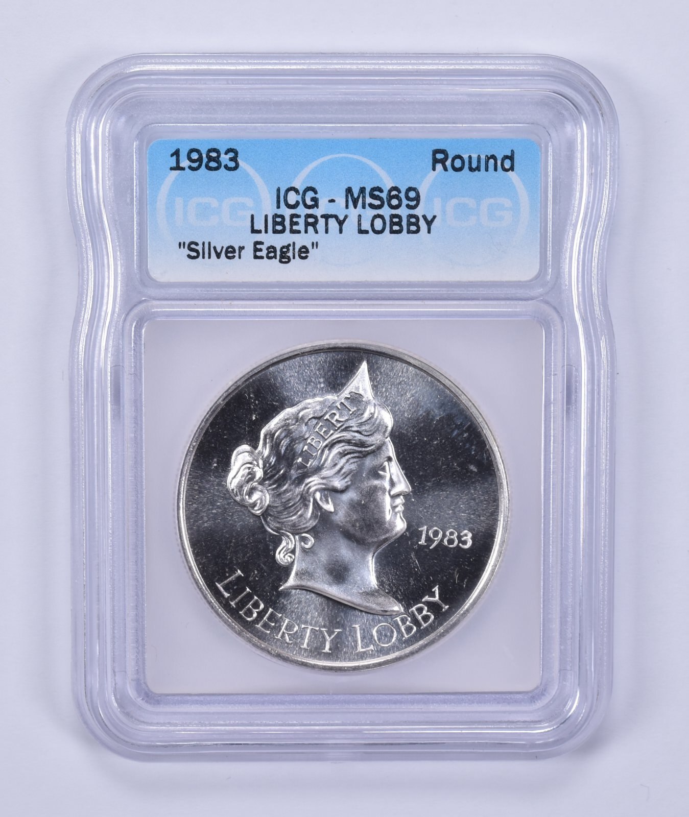 1983 Liberty Lobby "Silver Eagle" Silver Art Round MS69 ICG
