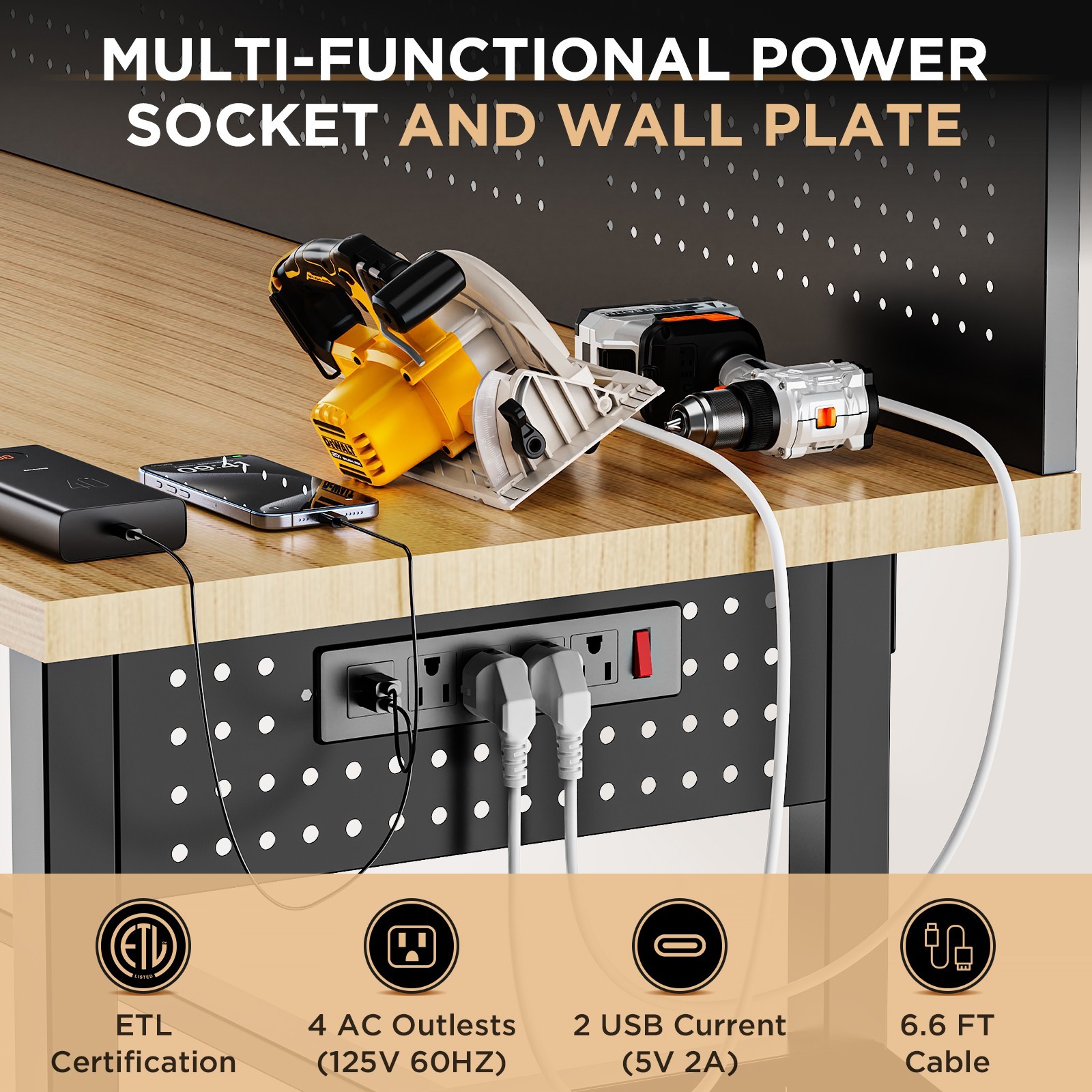 Solid Wood 60" Workbench 2000lb LED Power Height Adjustable Wheels