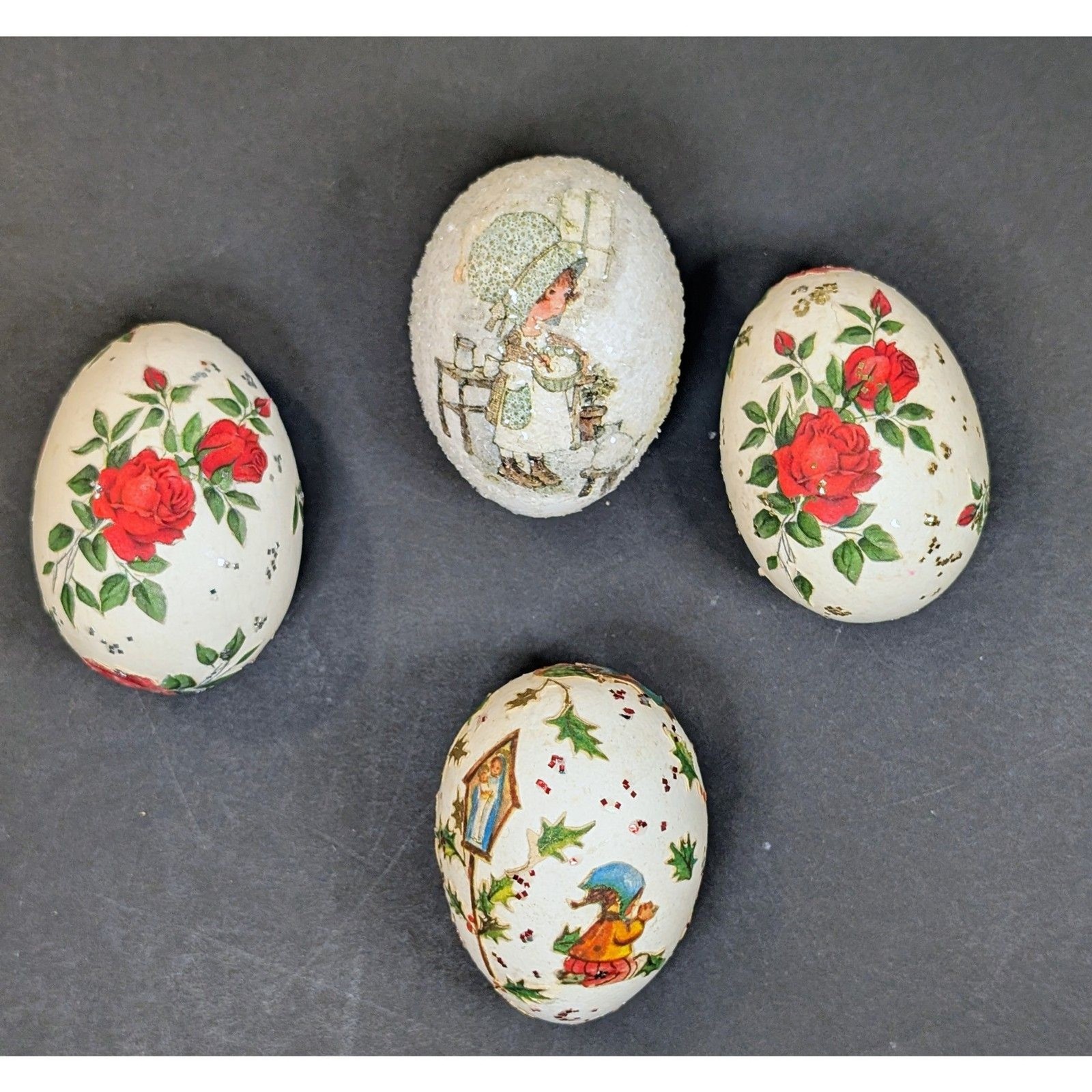 Vintage Mid-Century Decoupage Easter Egg Lot of 4 Rose Storybook 3” Multi