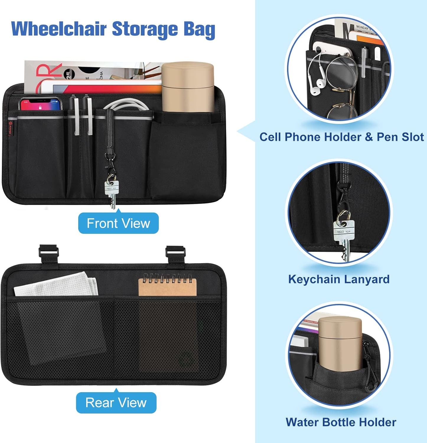 FINPAC Wheelchair Side Organizer Bag with Cup Holder, Black