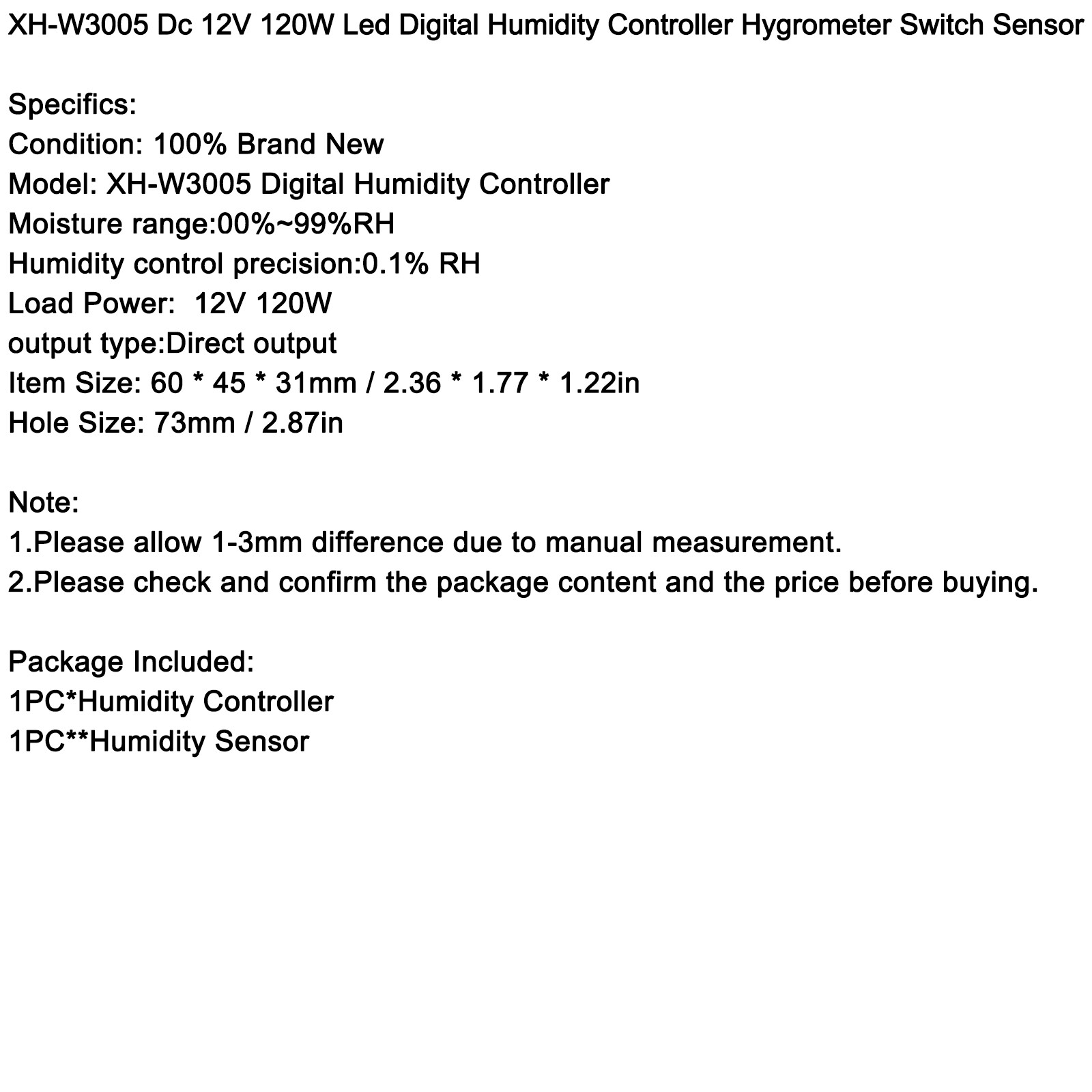 Digital Dc 12V 120W XH-W3005 Led Humidity Controller Hygrometer Switch Sensor US