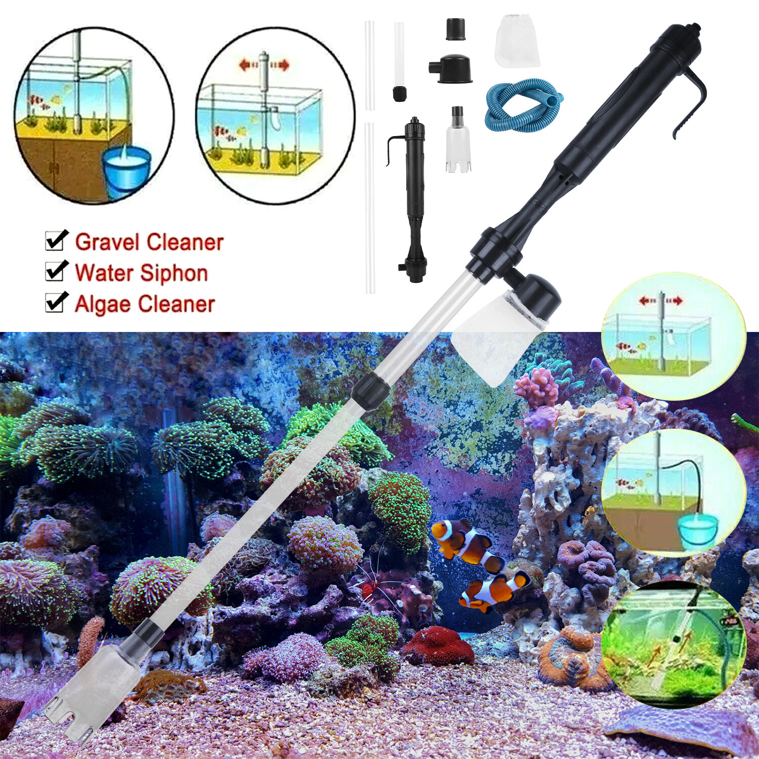 Aquarium Clean Vacuum Water Change Siphon Gravel Cleaner Fish Tank Pump Filter