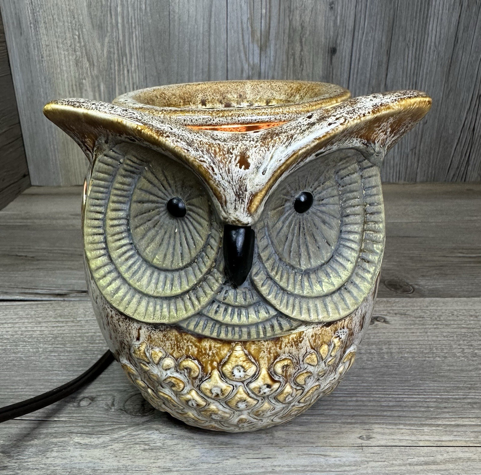 Owl Night Light Brown Ceramic Drip Glaze 6" Tall