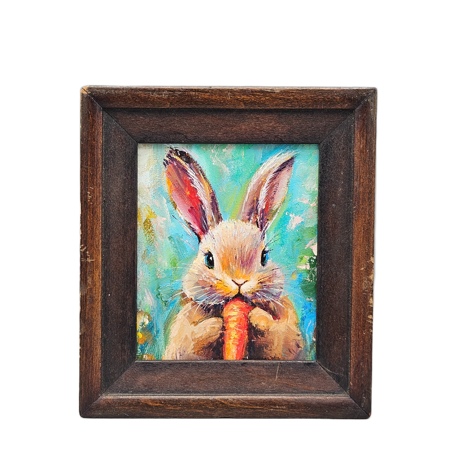 Original Painting of Bunny Eating a Carrot in Antique Frame