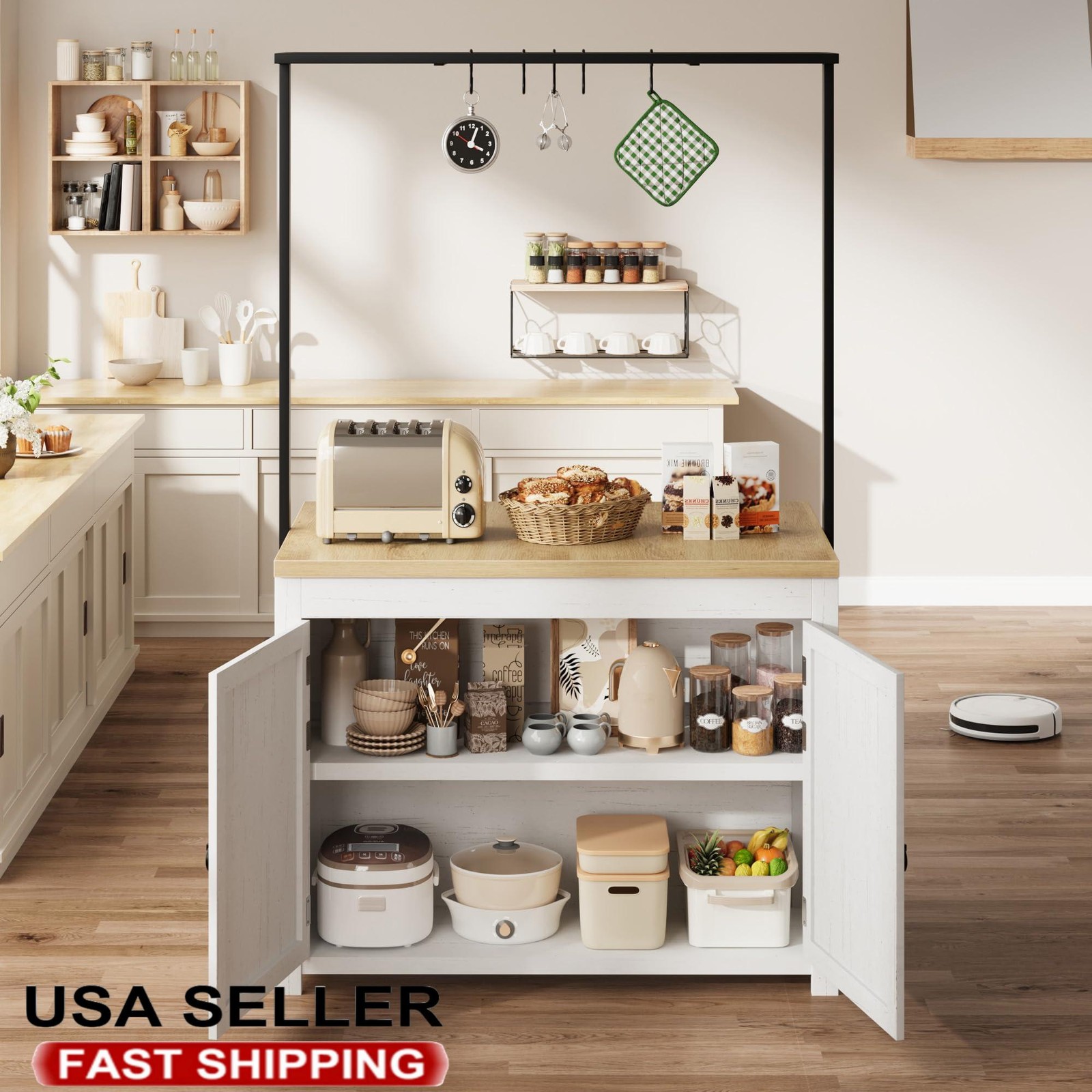 42" Heavy Duty Kitchen Island with Storage 2-Tier Shelves &5 Hooks breakfast bar