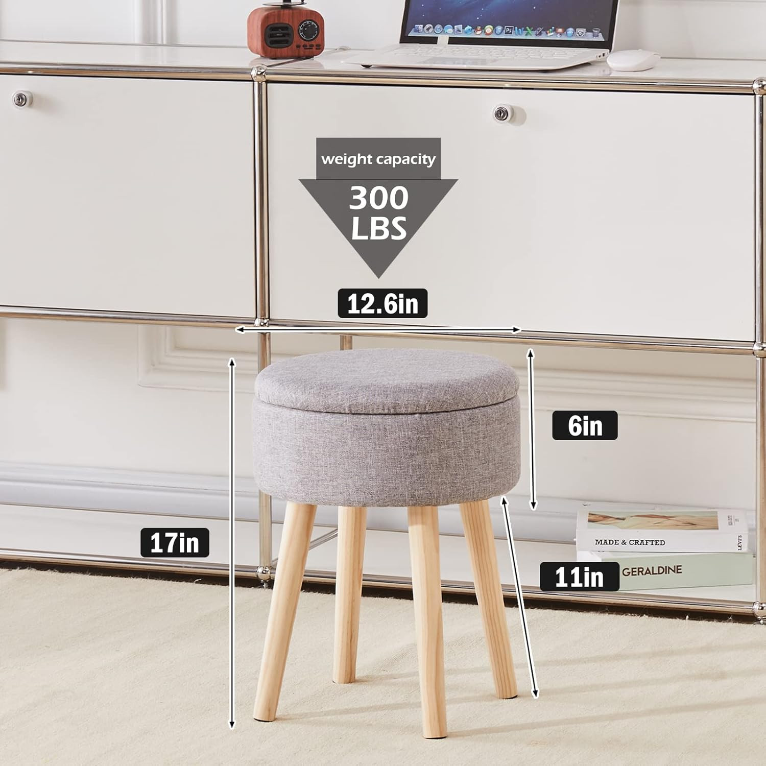 Storage Ottoman Linen Round Vanity Stool Tray Top Modern Foot Stool with Wood Le