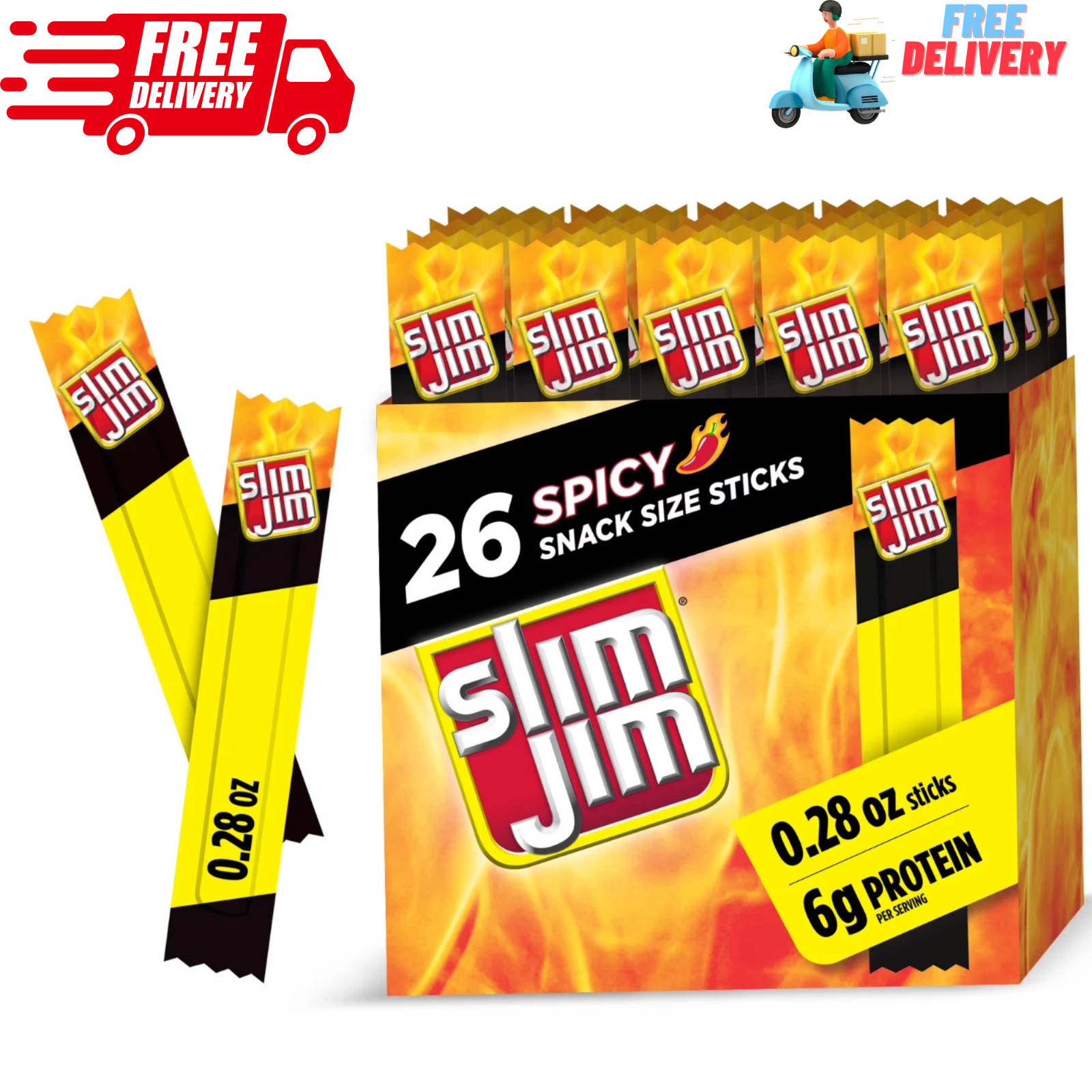 Slim Jim Spicy Smoked Meat Sticks 26 Pack Snack Size 6g Protein Each
