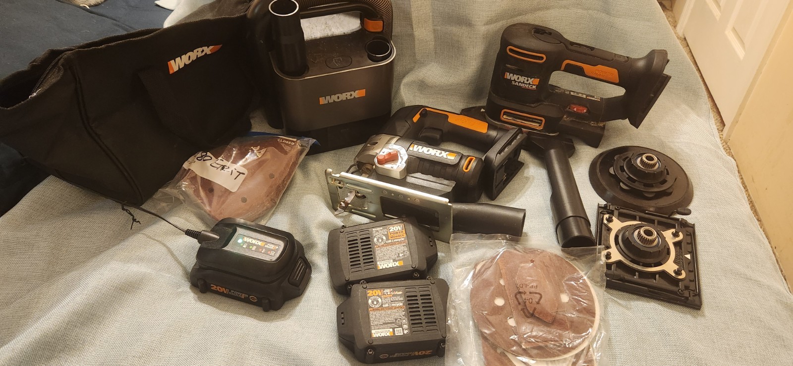 WORX Power Share 20V Li-Ion Jigsaw & Sandeck Sander Set 2 Batteries Charger