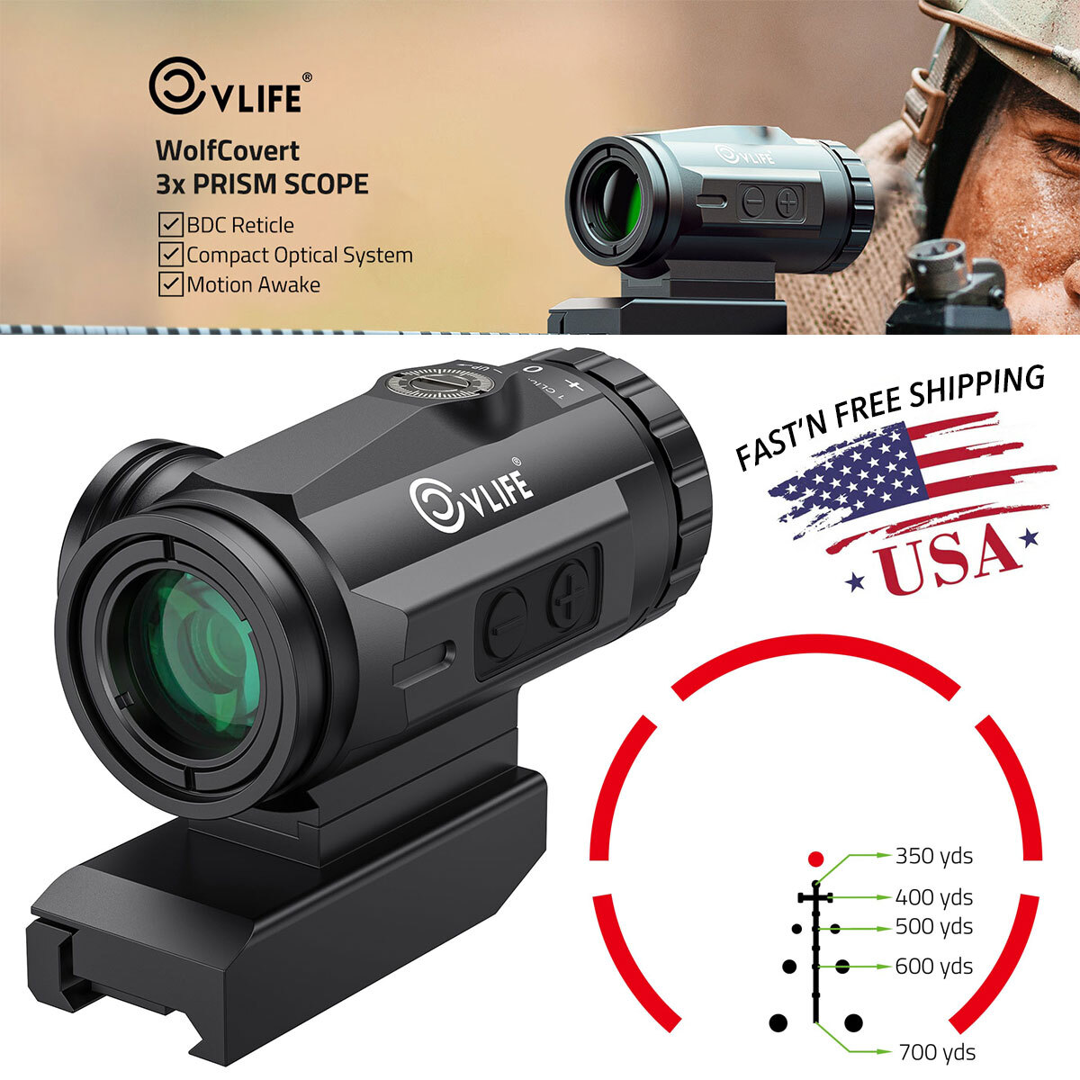 3X Motion Awake Red Dot Sight Scope Illuminated BDC Reticle For 223/5.56 Caliber