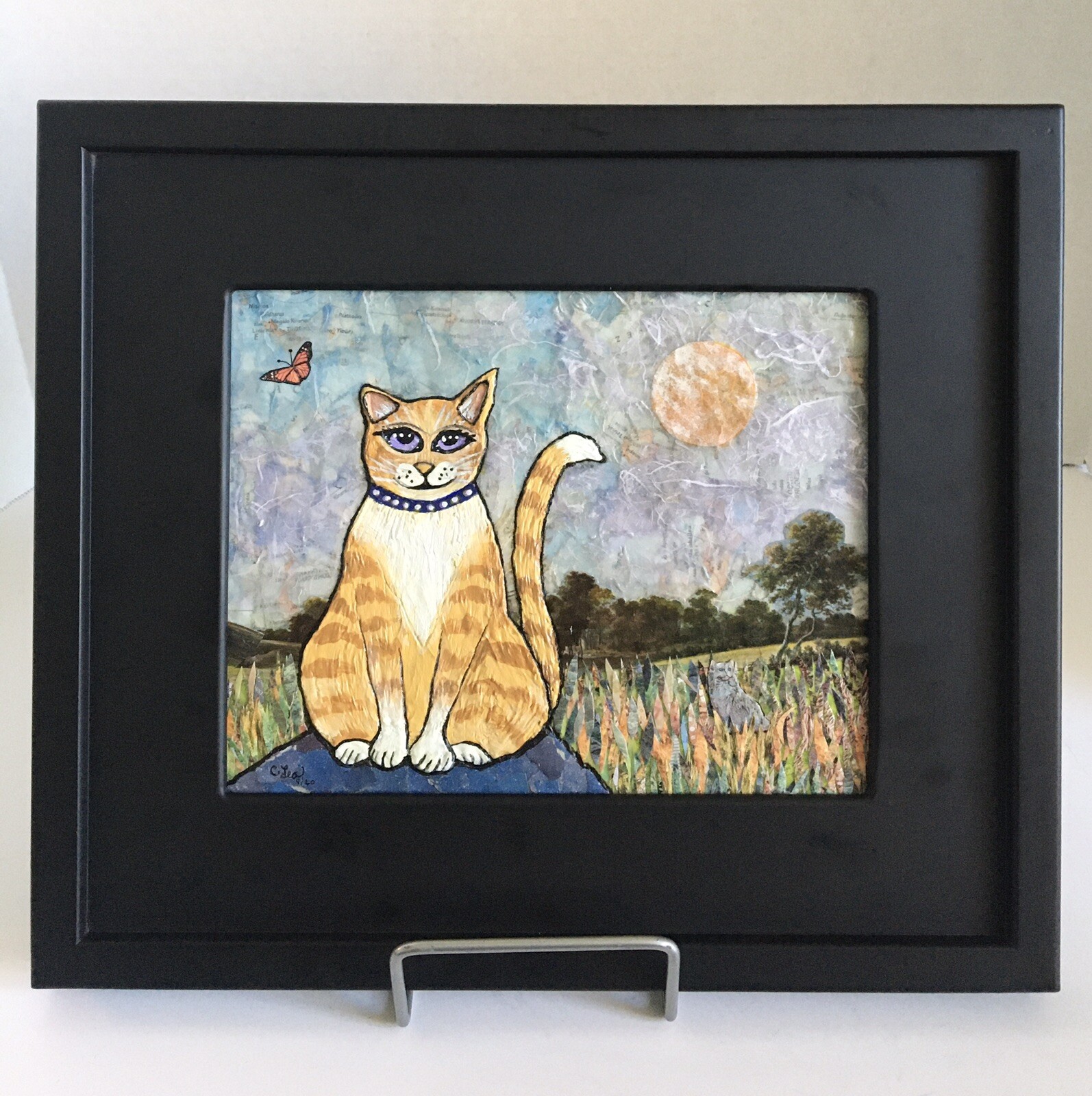 Original Orange Cat Mixed Media Signed and Framed Wall Art 14.5" x 12.5"