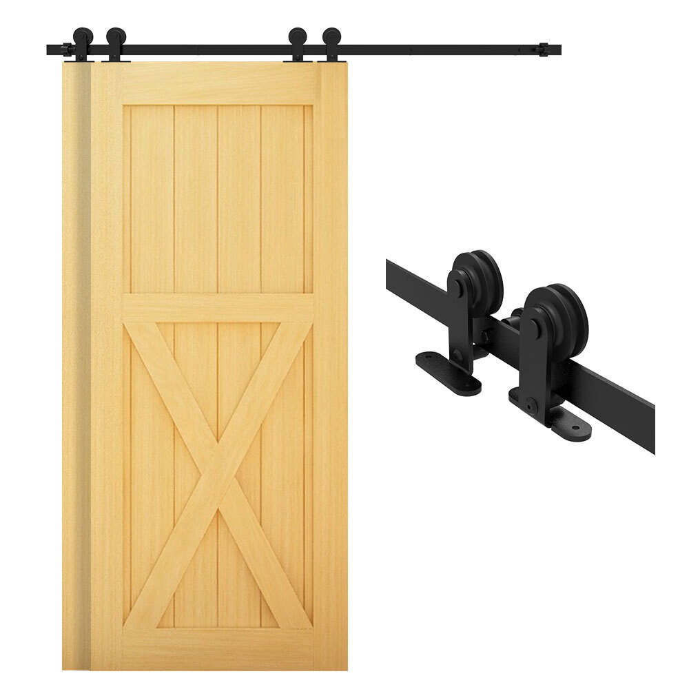2-16FT Bypass Sliding Barn Door Hardware Kit Single Track for Double Doors