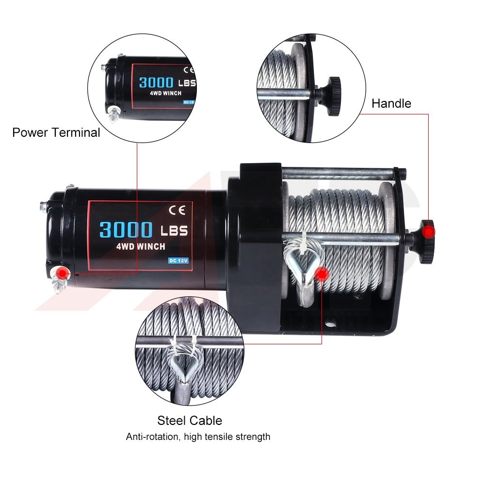 Electric Cable Winch Recovery Truck SUV ATV Tow Boat Trailer w/Remote 3000lb 12V