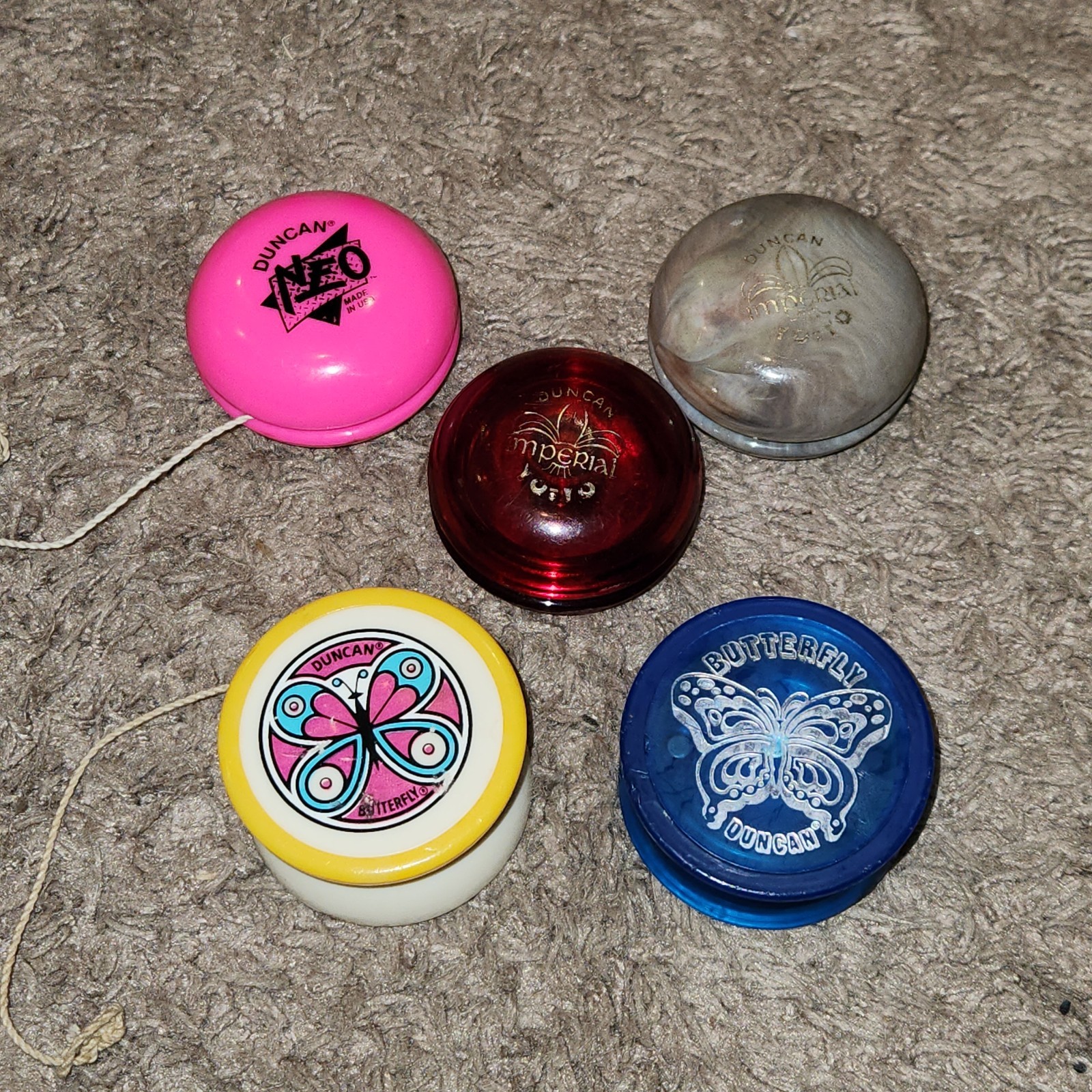 Lot Of 5 Vintage Duncan Yo-Yo's 2- Classic Imperial, 2-Butterfly, 1-Neo Made USA