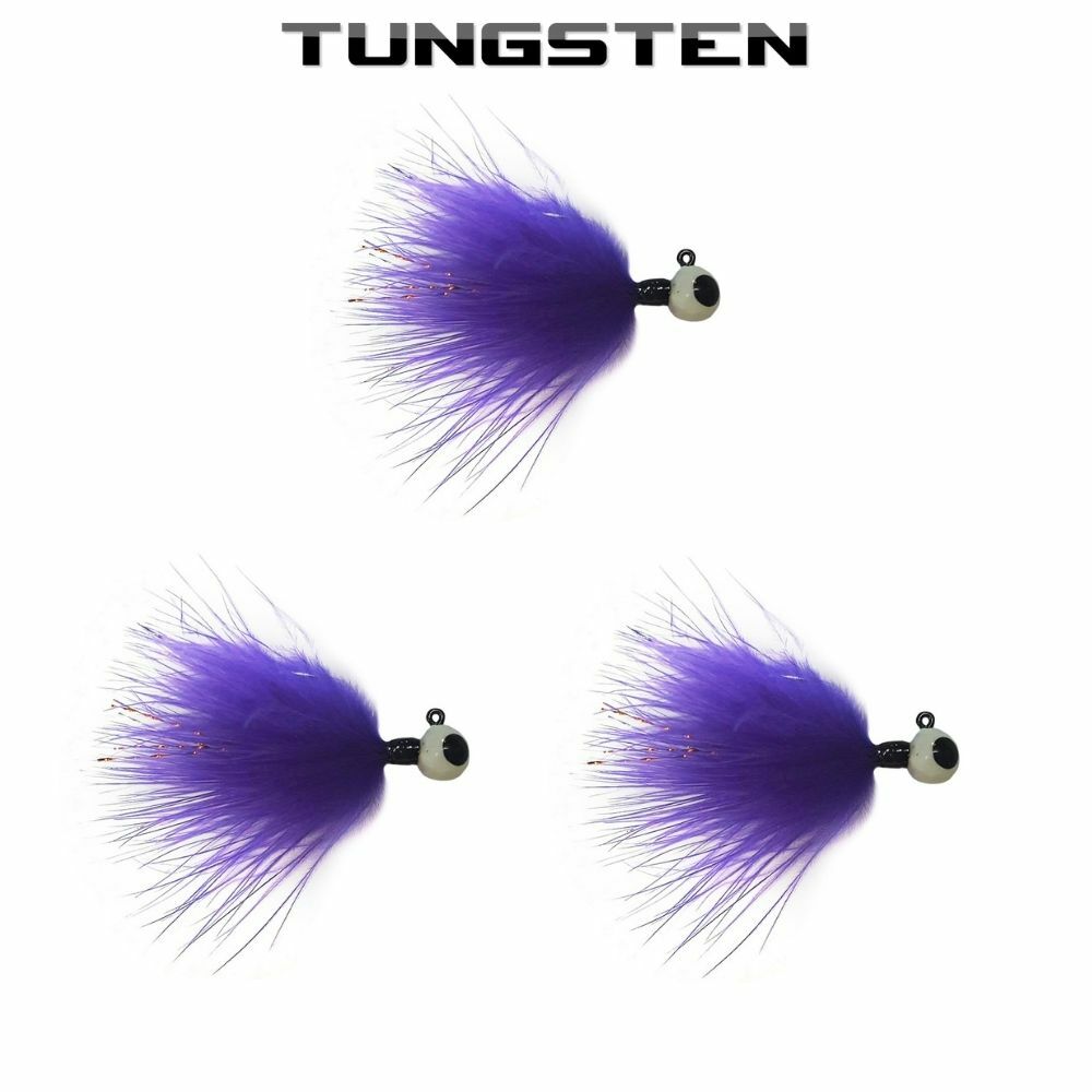 (3 Pack) Kenders Purple GLOW Tungsten Marabou Jigs-1/16th Oz #2 Hook Jigs