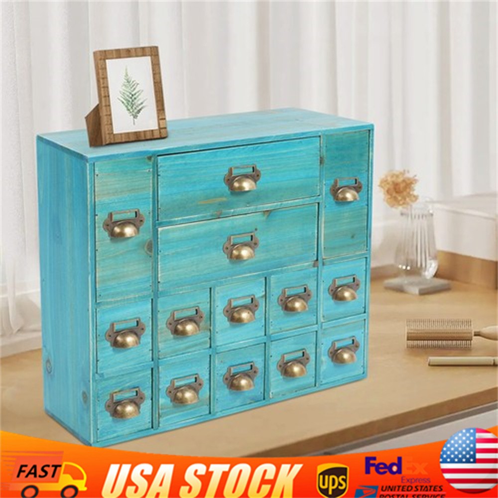 Vintage Apothecary Cabinet Dressers Label Holder Wooden 14 Drawers Organizer