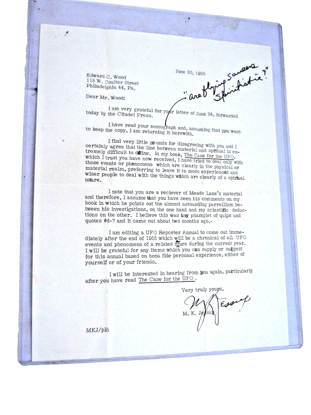 Important DR M K JESSUP UFO ARCHIVE COLLECTION fr 1950s incl AUTOGRAPHED LETTERS