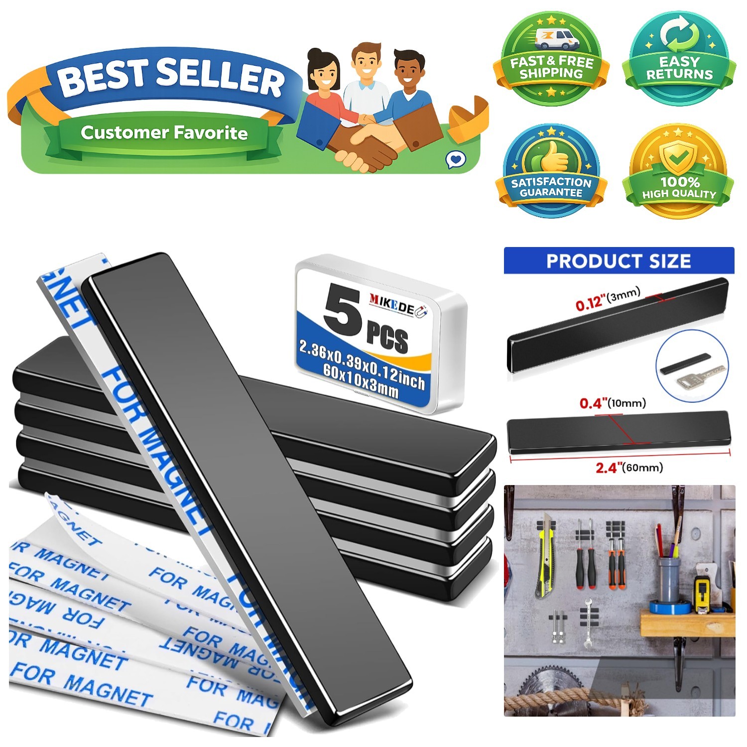 Neodymium Magnets, 5 Pack Black Super Strong Magnets Bar, Waterproof Heavy Du...