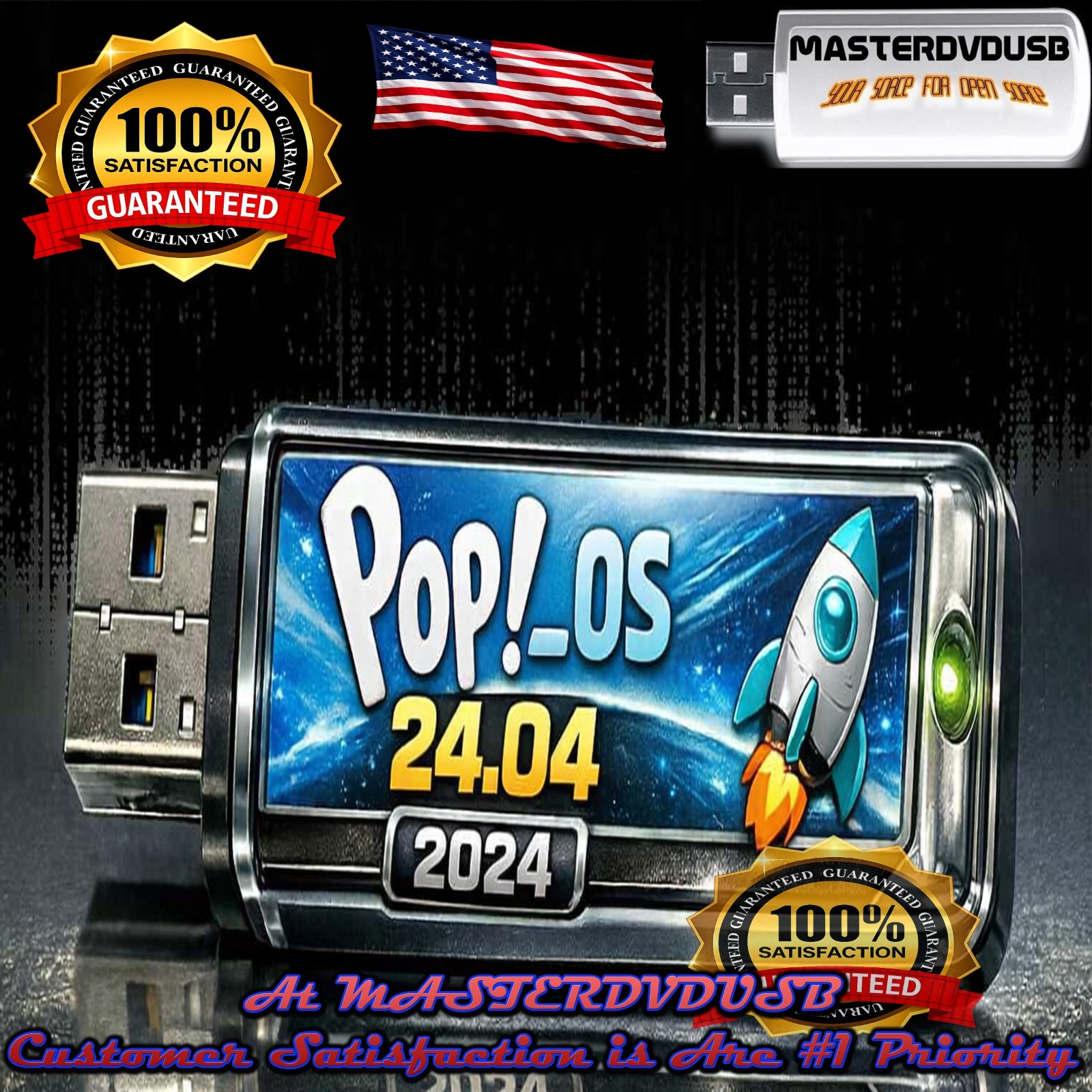 Pop_OS 24.04 2025 LTS Bootable USB Flash Drive Metal Water Proff Fast Shipping