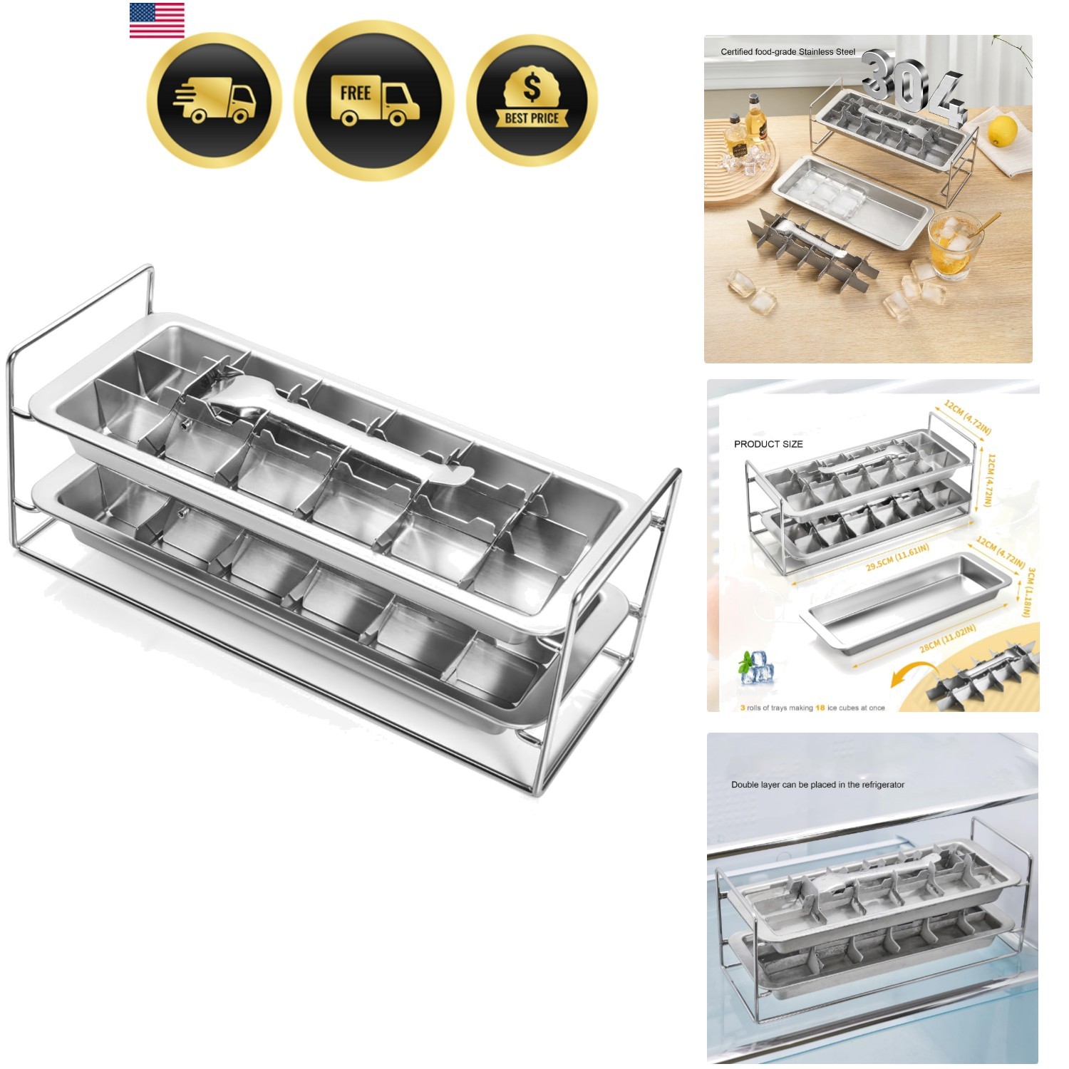 Double-layer Stainless Steel Ice Cube Tray, 36 Large Cube Slots | Plastic-fre...