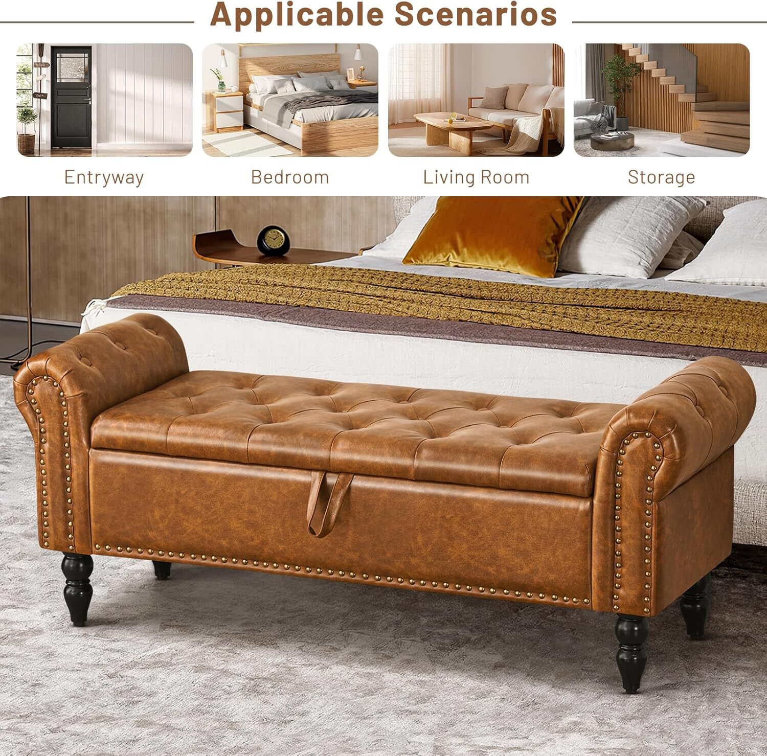 Furniliving Storage Ottoman Bench - Leather Ottoman with Solid Wood Legs