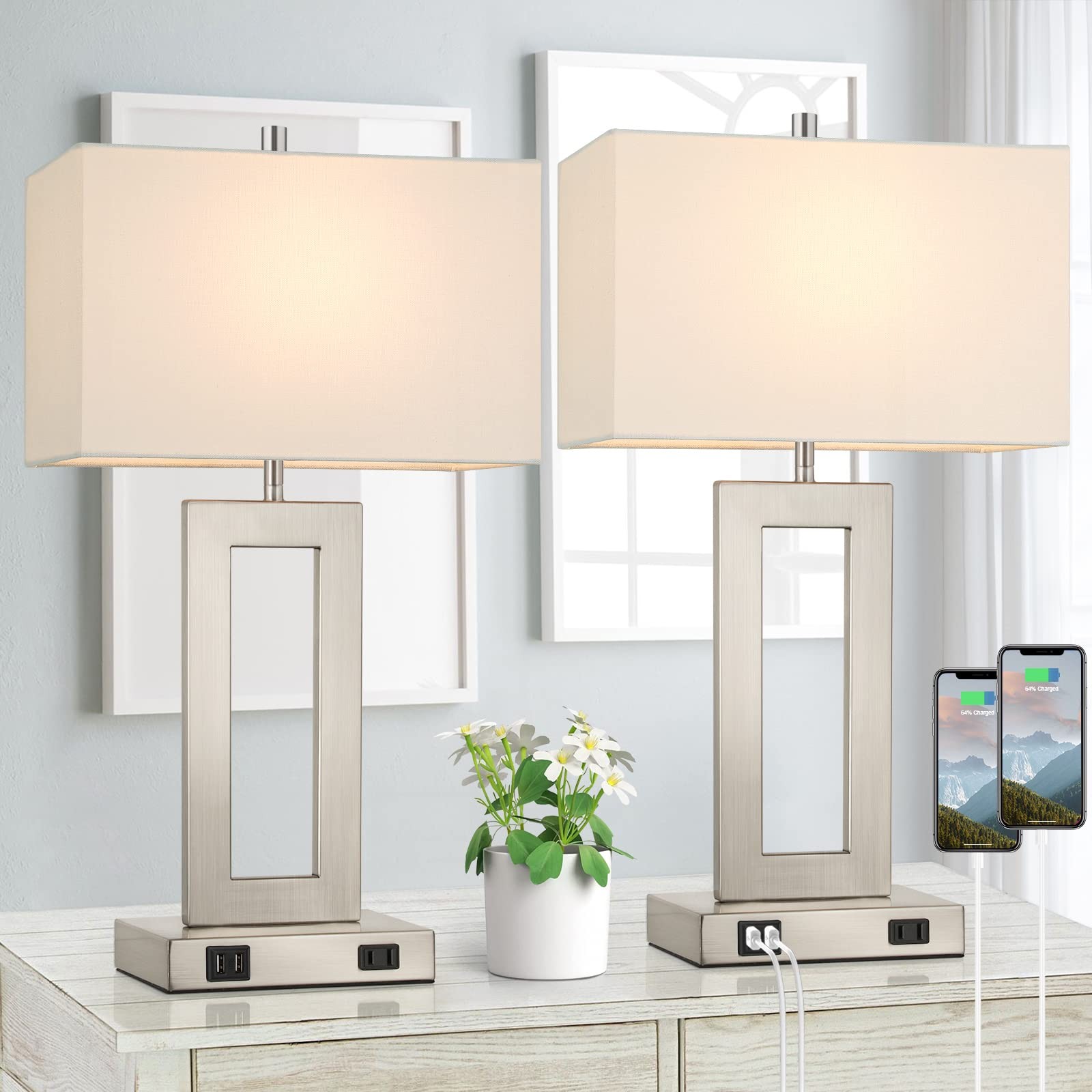 22'' Tall Table Lamps for Bedroom Set of 2, Silver Large(22''), Silver(Base)