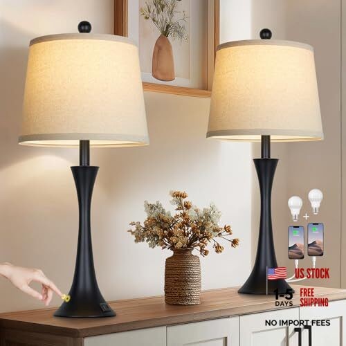 27.5" Table Lamps Set of 2, Touch Bedside Lamps with USB C+A Ports, 3 Black