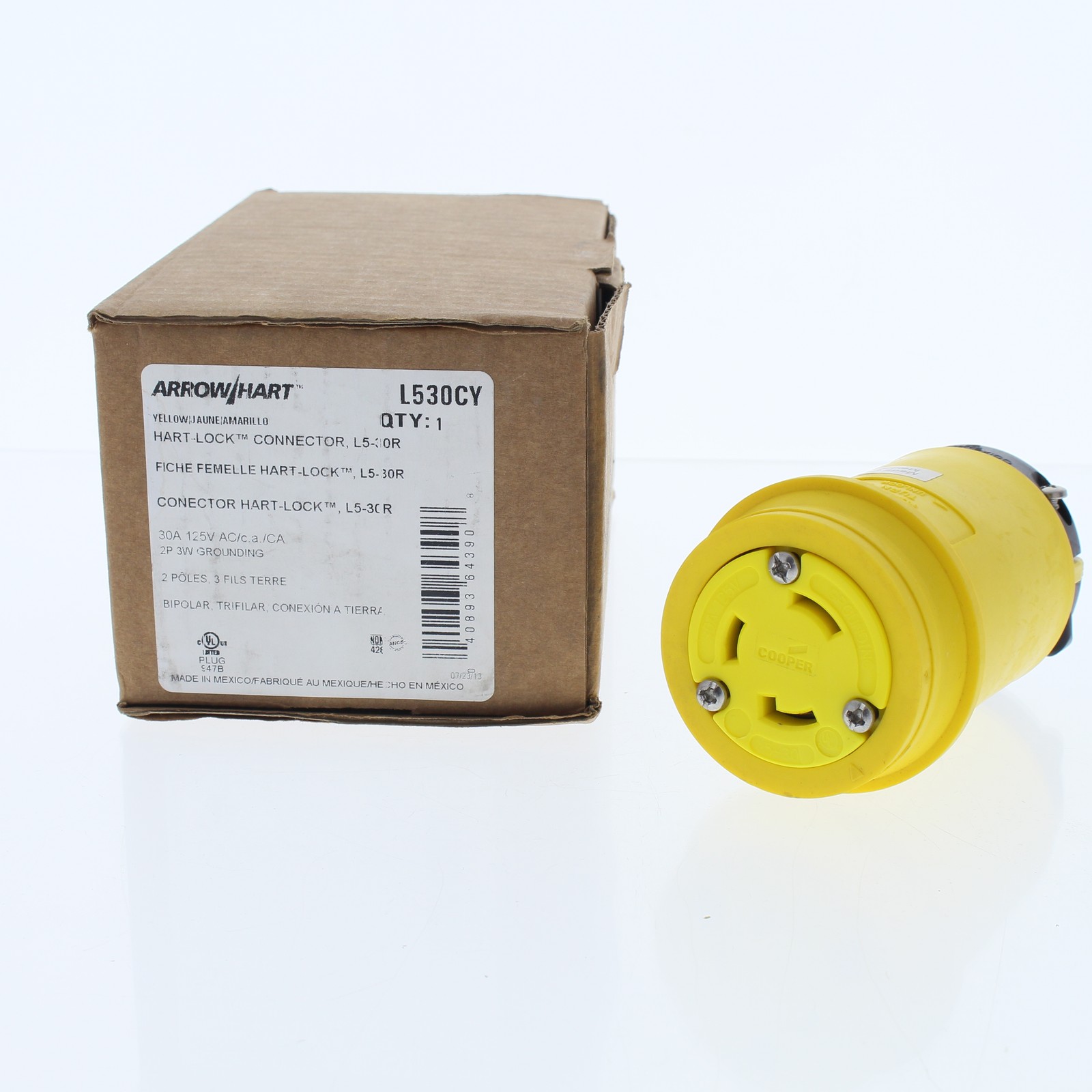 Cooper L530CY Yellow 30A Twist Locking Insulated Connector NEMA L5-30R 125V 2P3W