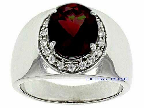 Natural Garnet & CZ Gemstones with 925 Sterling Silver Ring For Men's #C9988