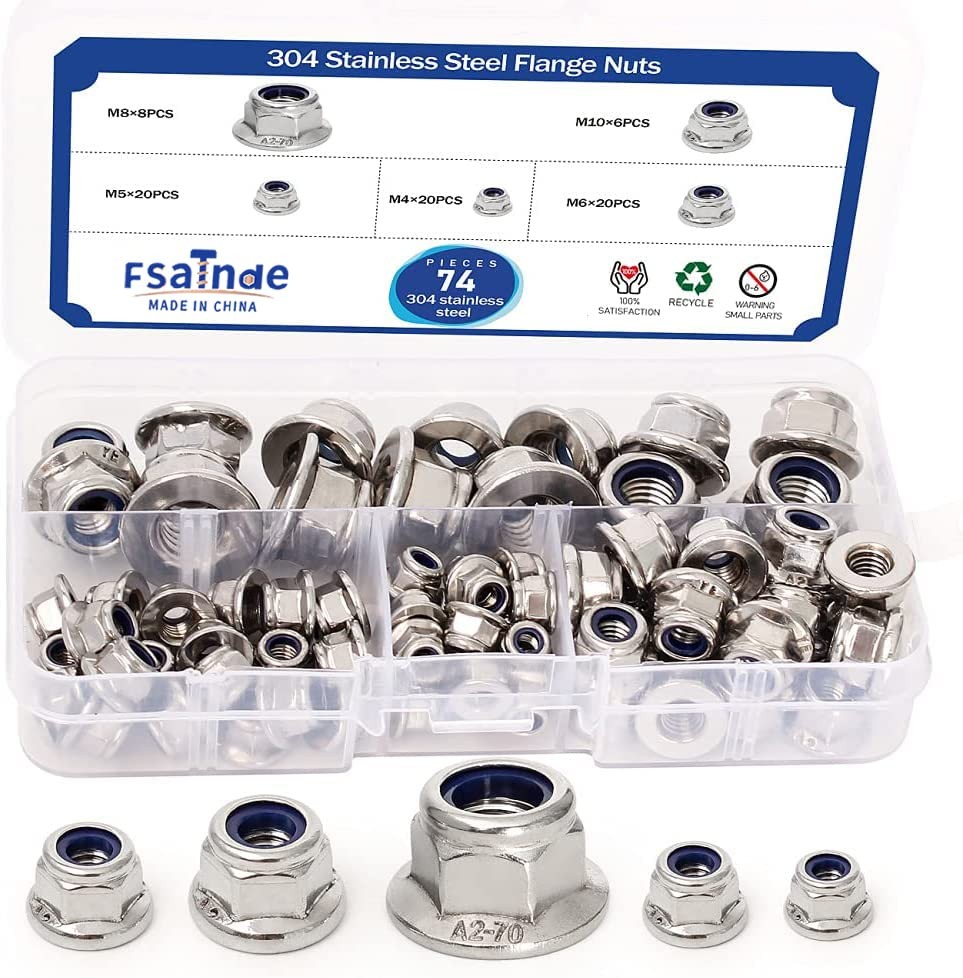 Flange Nylon Inserted Lock Nuts Assortment Kit,304 Stainless Transparent