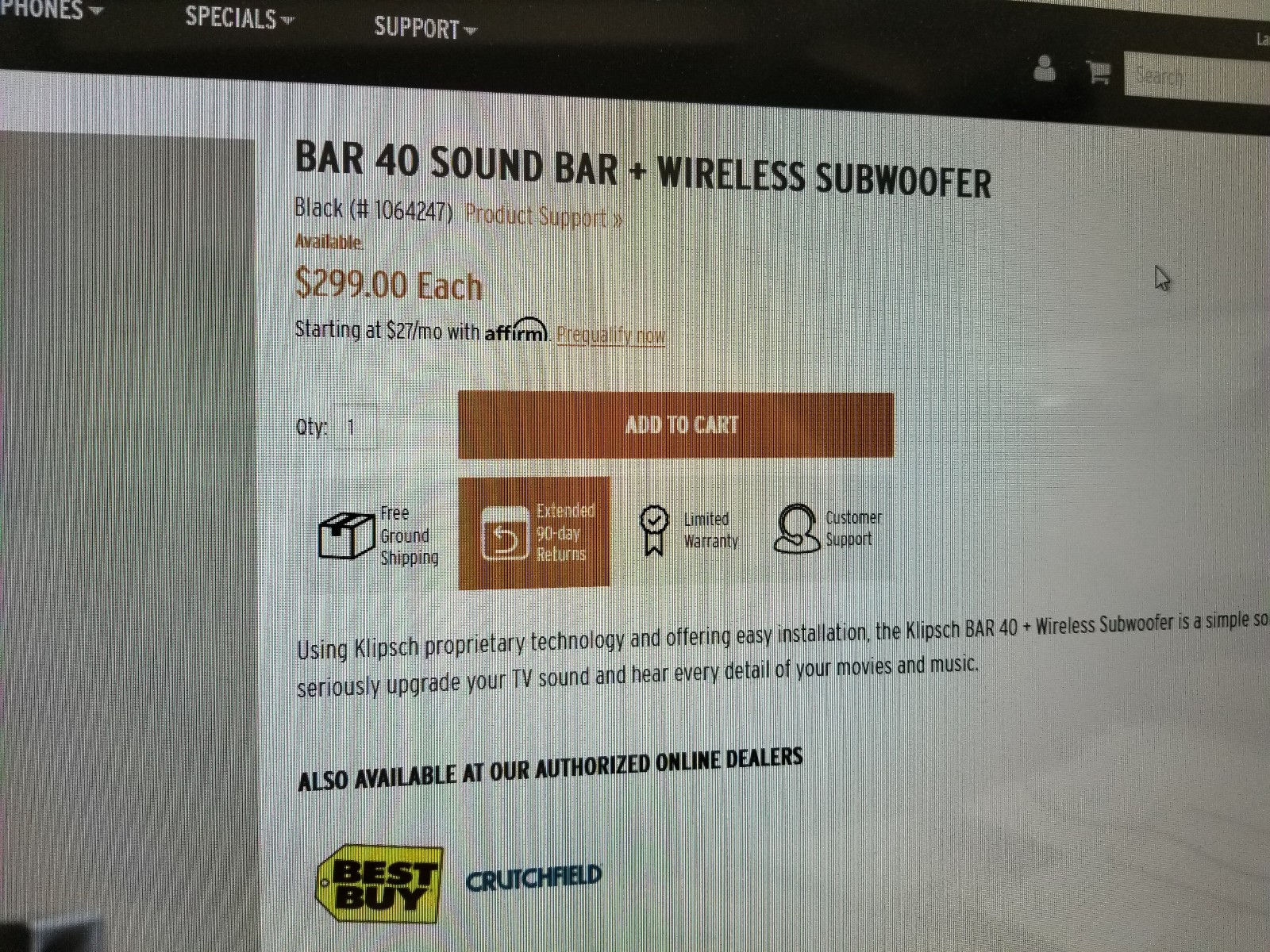 KLIPSCH BAR 40 SOUNDBAR WITH WIRELESS SUBWOOFER BLUETOOTH