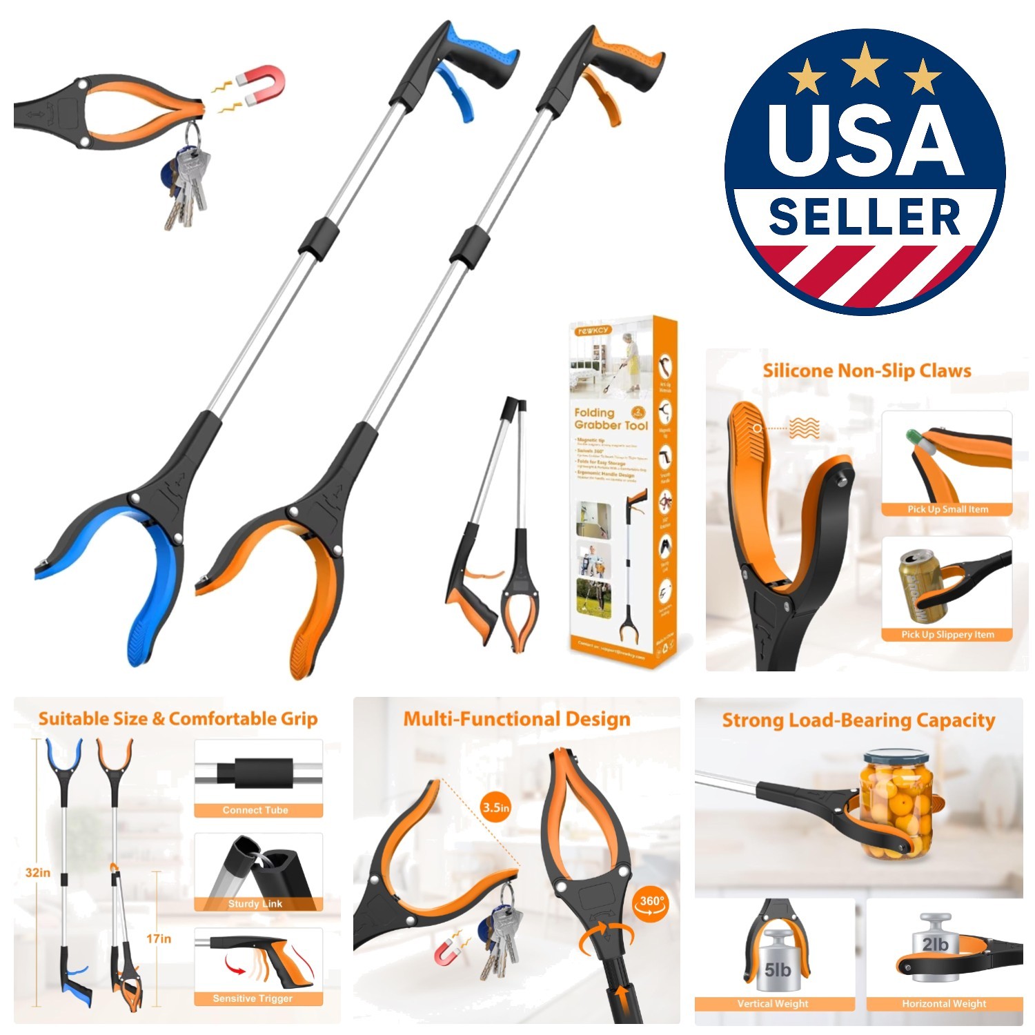 32" Grabber Reacher Tool – 2-Pack Foldable Pickup Tool with 360° Grip & Magnet