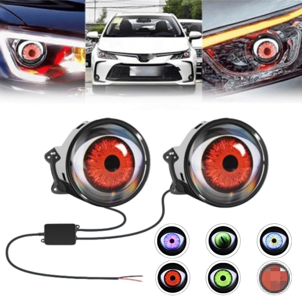 2PCS Dynamic Devil Eyes LED Car Headlight Blinking Red Demon Eyes Color Lenses