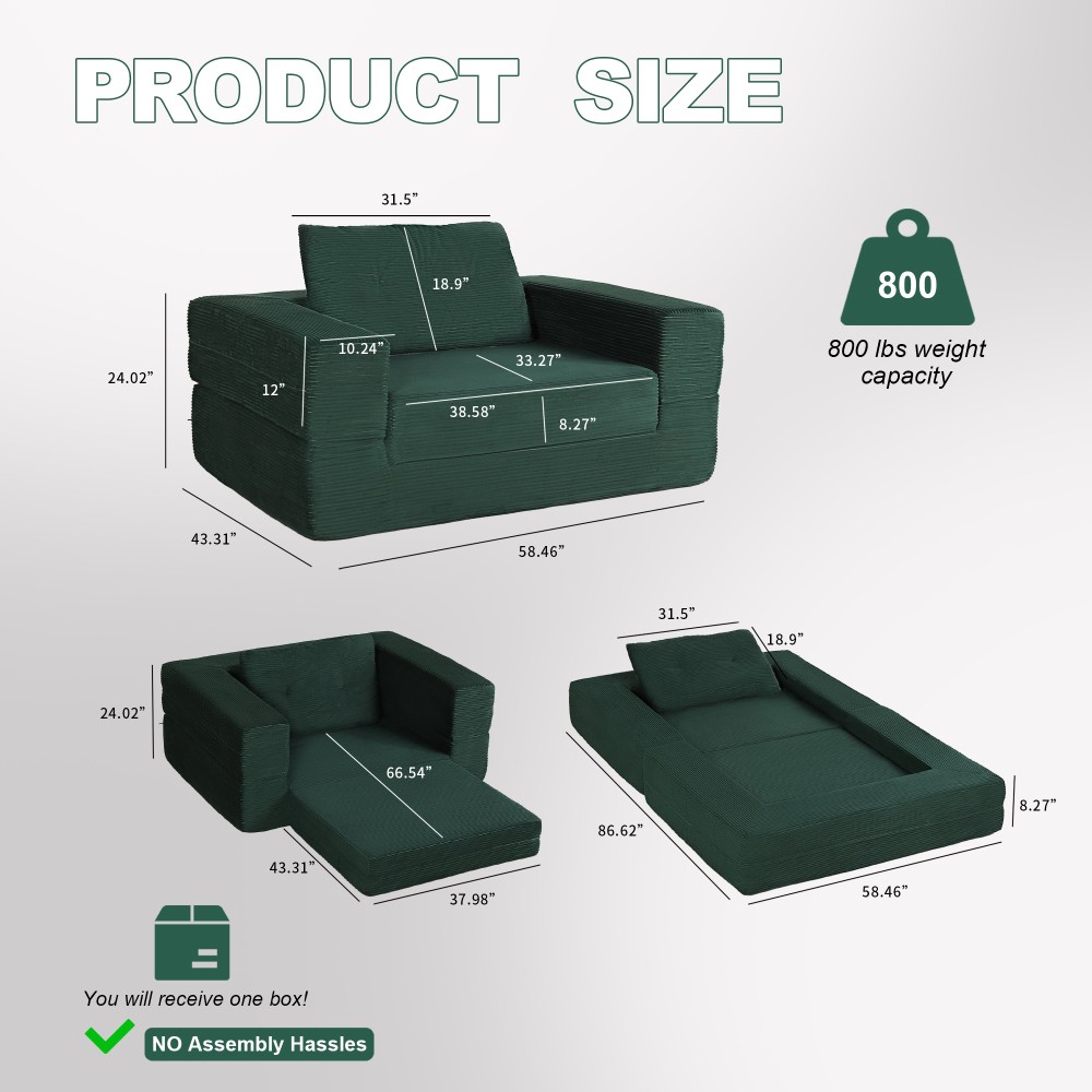 Corduroy Floor Sofa Bed w/ Pillow for Adults & Pets, Dark Green