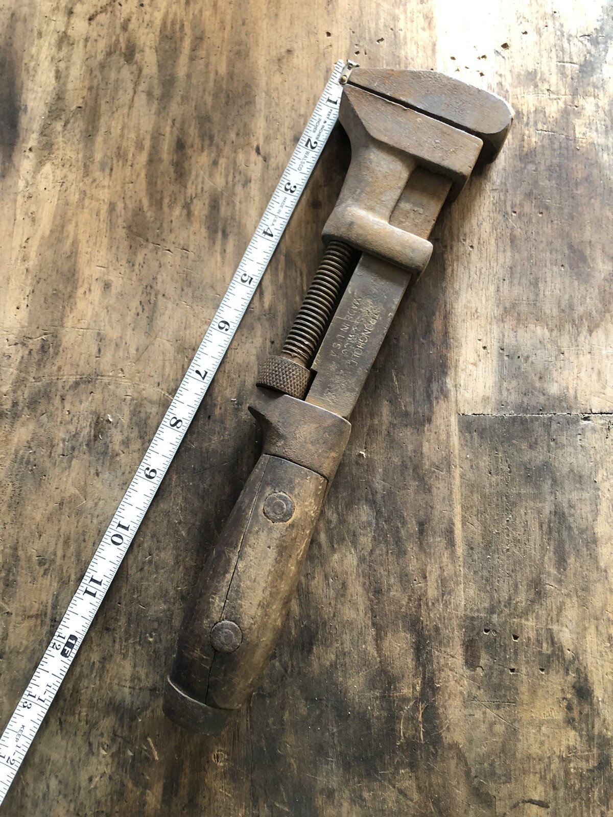 Antique P. S & W Co. Stronghold Wood Handle 12” Pipe Wrench Made in USA