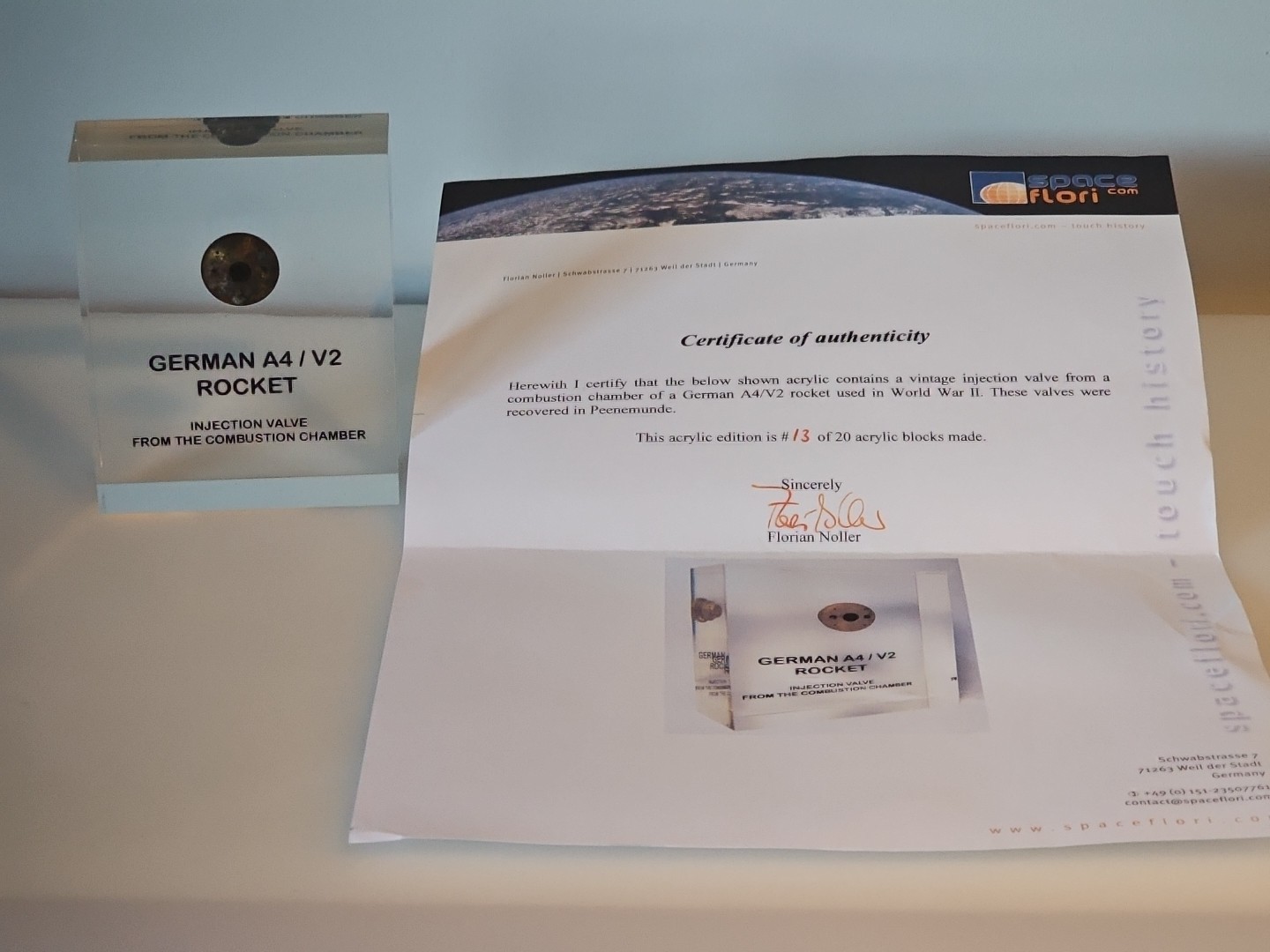 German A4/V2 Rocket Injection Valve From Combustion Chamber Fragment Certificate