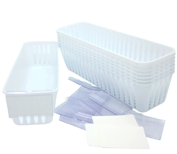 8 Storage Baskets 10x3" & 12 Label Holders, White, SKU# 655457974239