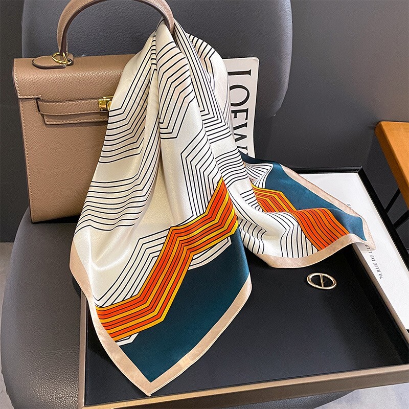 100% Silk  27'' Scarf Women Kerchief Square Bandana Wrap Fashion White Striped