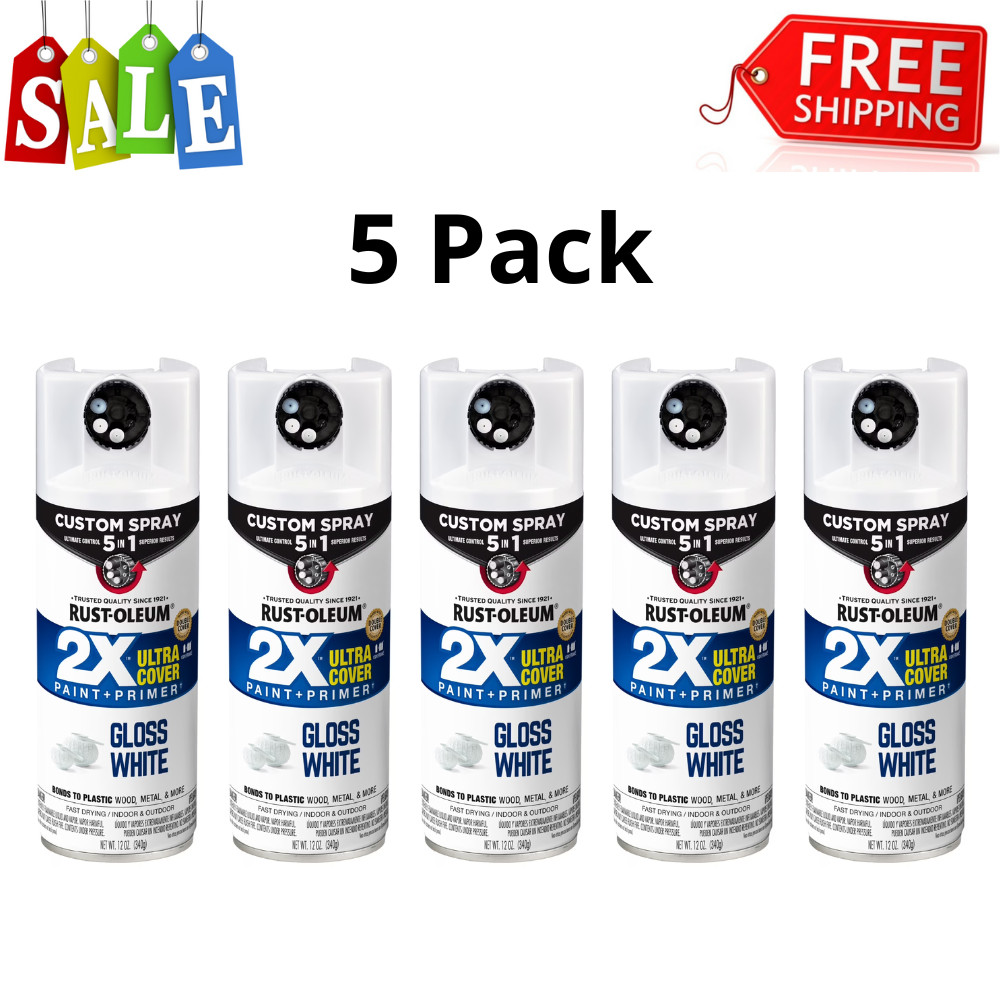 5 Pack Rust-Oleum 2X Ultra Cover 5-in-1 Gloss White Spray Paint, 12 oz, 398806