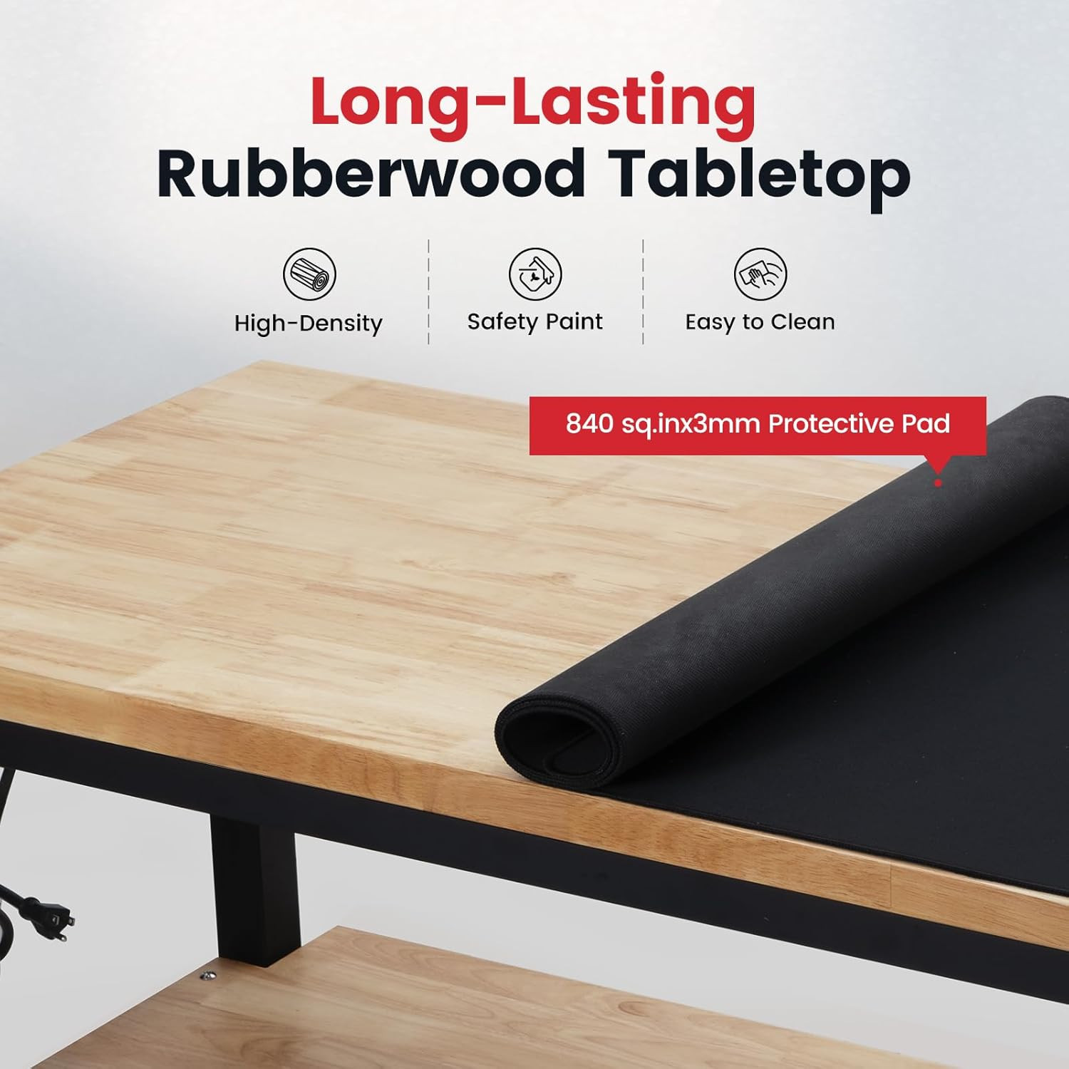 48 Inch Work Table for Garage Adjustable Height Rubber Wood Tabletop Workbench w