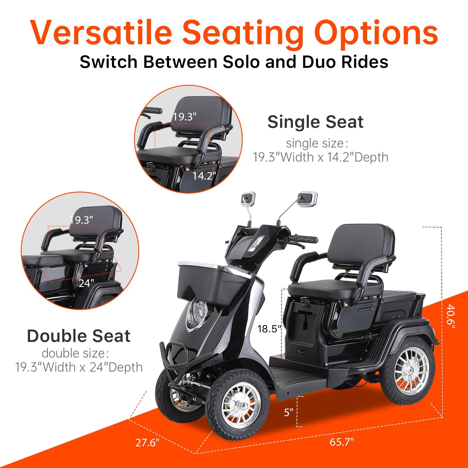1000W Heavy Duty 4 Wheels 2-Seat Mobility Scooter for Seniors & Adults 500 lbs