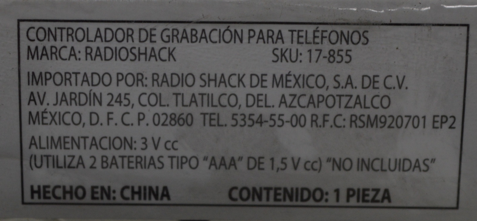 RadioShack Wireless Phone Recording Controller CAT NO 17-1855