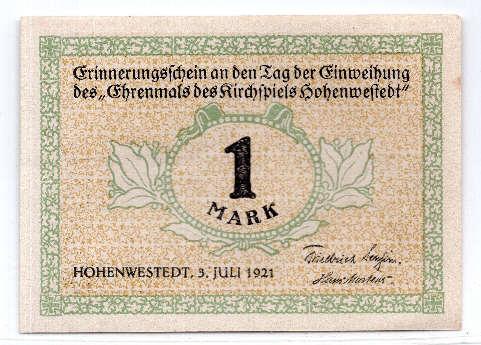 1921 Germany Hohenwestedt Notgeld 1 Mark Note (3532)
