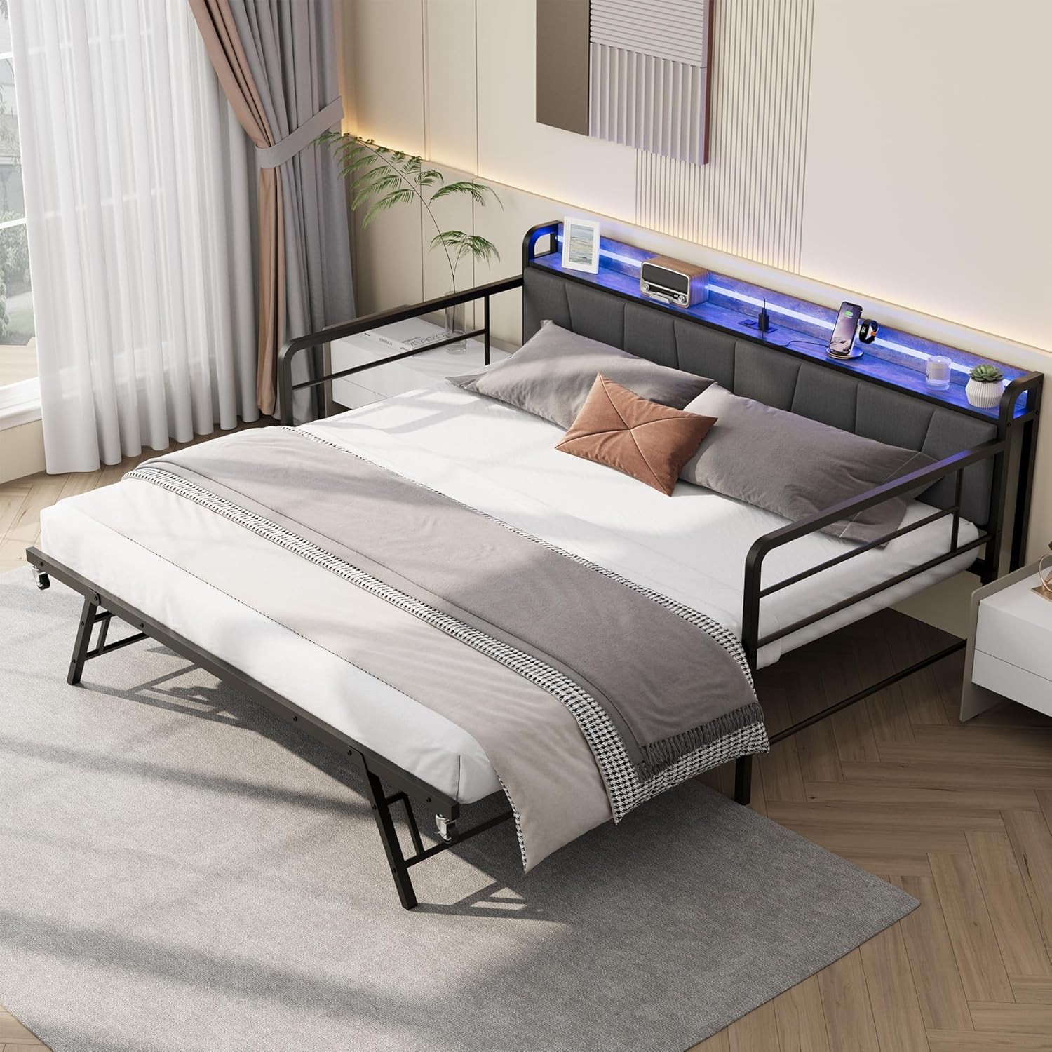 Twin Daybed with Pop Up Trundle, LED Light & Charging Station, Linen Headboard