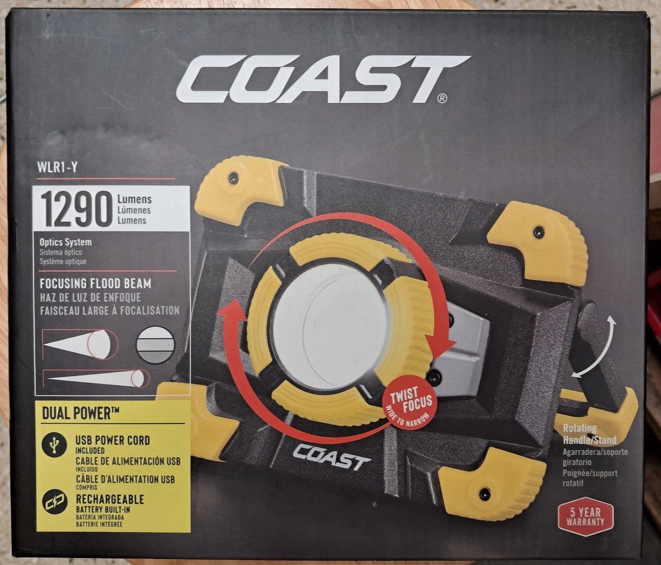 Coast WLR1-Y 1290 Lumens LED Battery Operated Rechargeable Portable Work Light