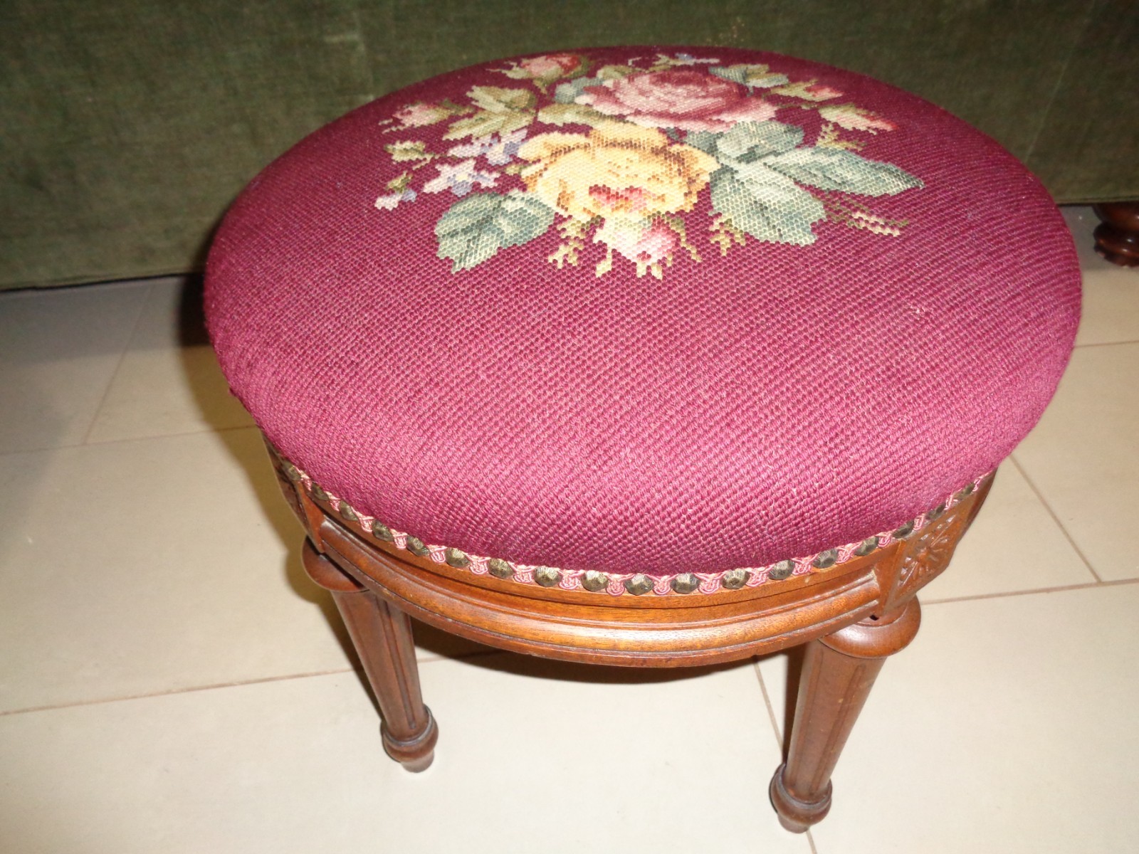 Antique Victorian Walnut Round Footstool Original Needlework Upholstery