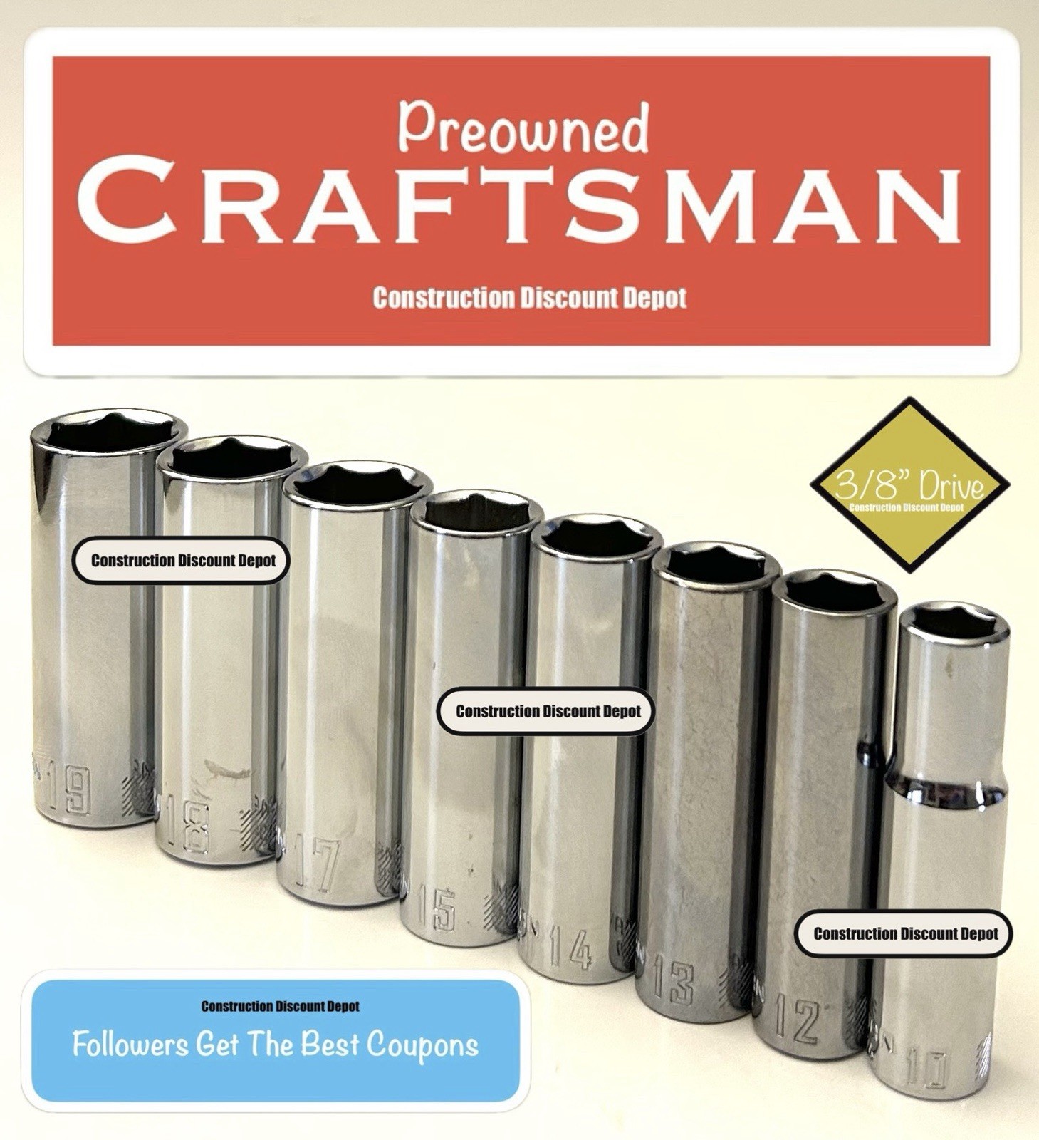 Preowned Craftsman 8 Piece 3/8" Drive 6 Point MM Socket Deep Set