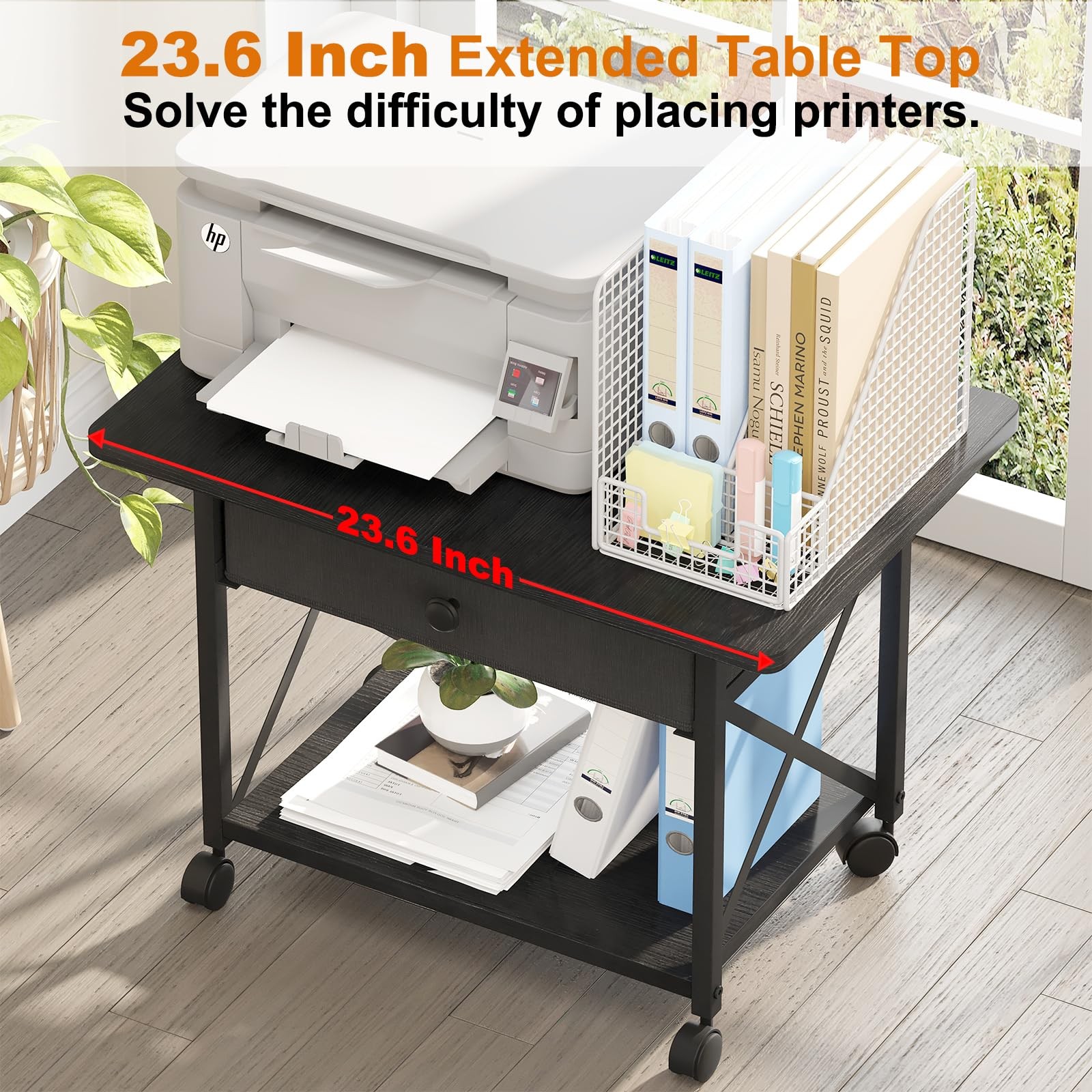 EasyCom 23.6" x 15.7" Under Desk Printer Stand with Storage Large, Black