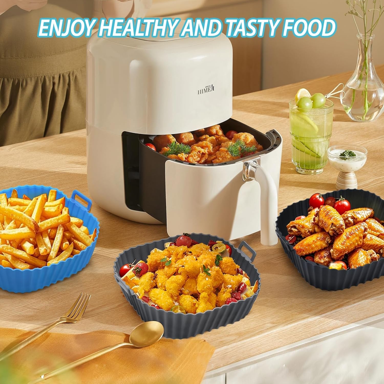 Silicone Air Fryer Liners Reusable 3 PCS, 7.3 inches x 8.4 inches, Blue