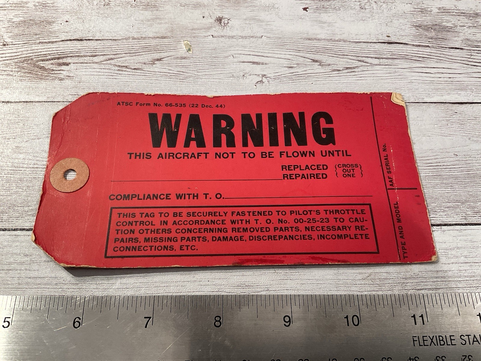ORIGINAL WWII USAAF WARNING AIRCRAFT NOT TO BE FLOWN SERVICE TAG
